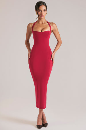 Oh Polly model Yasmin wearing the Landen Midi Dress in Cherry Red Modal fabric perfect for summer date night