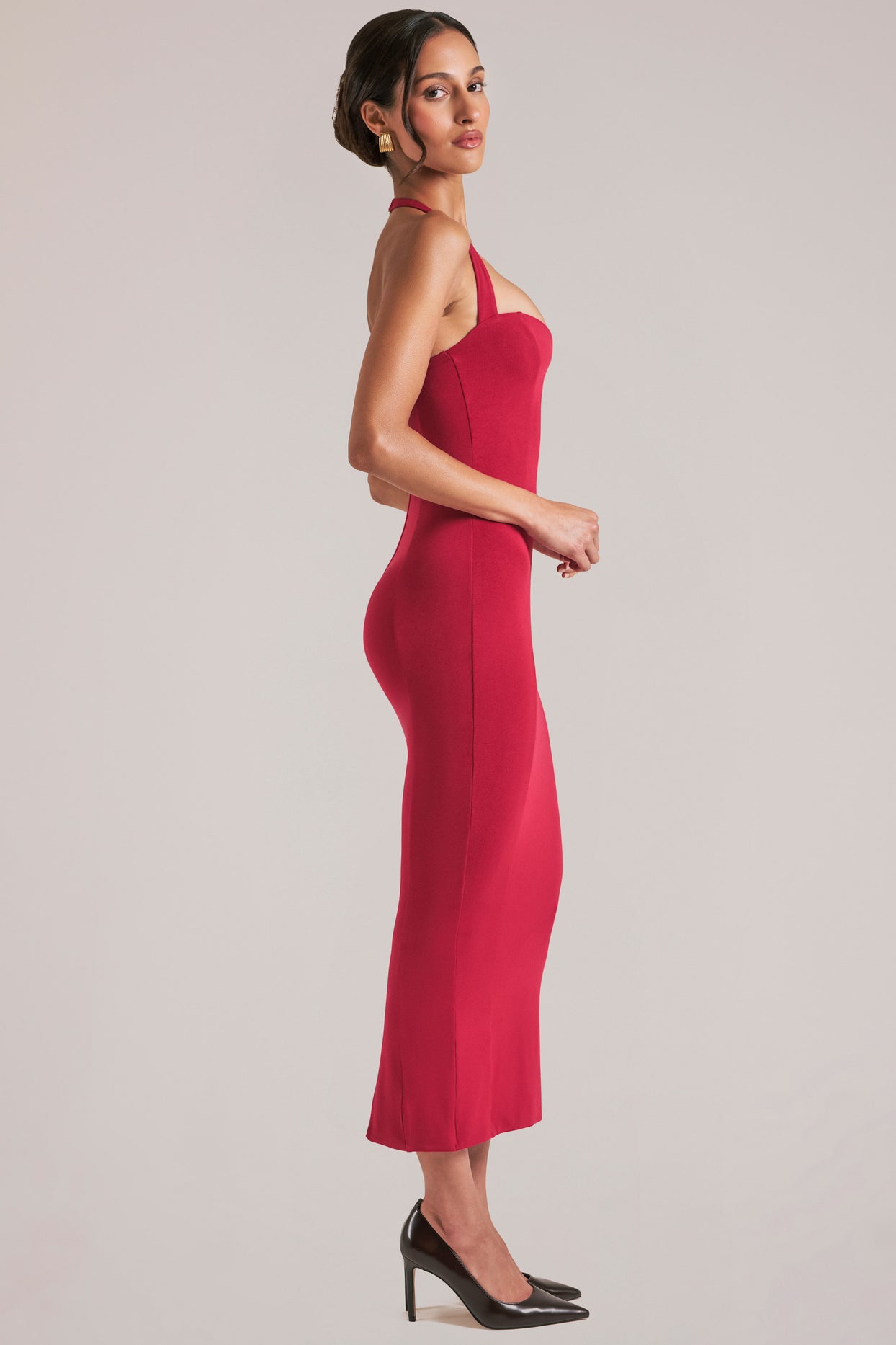 Halterneck Midaxi Dress in Cherry Red - 3