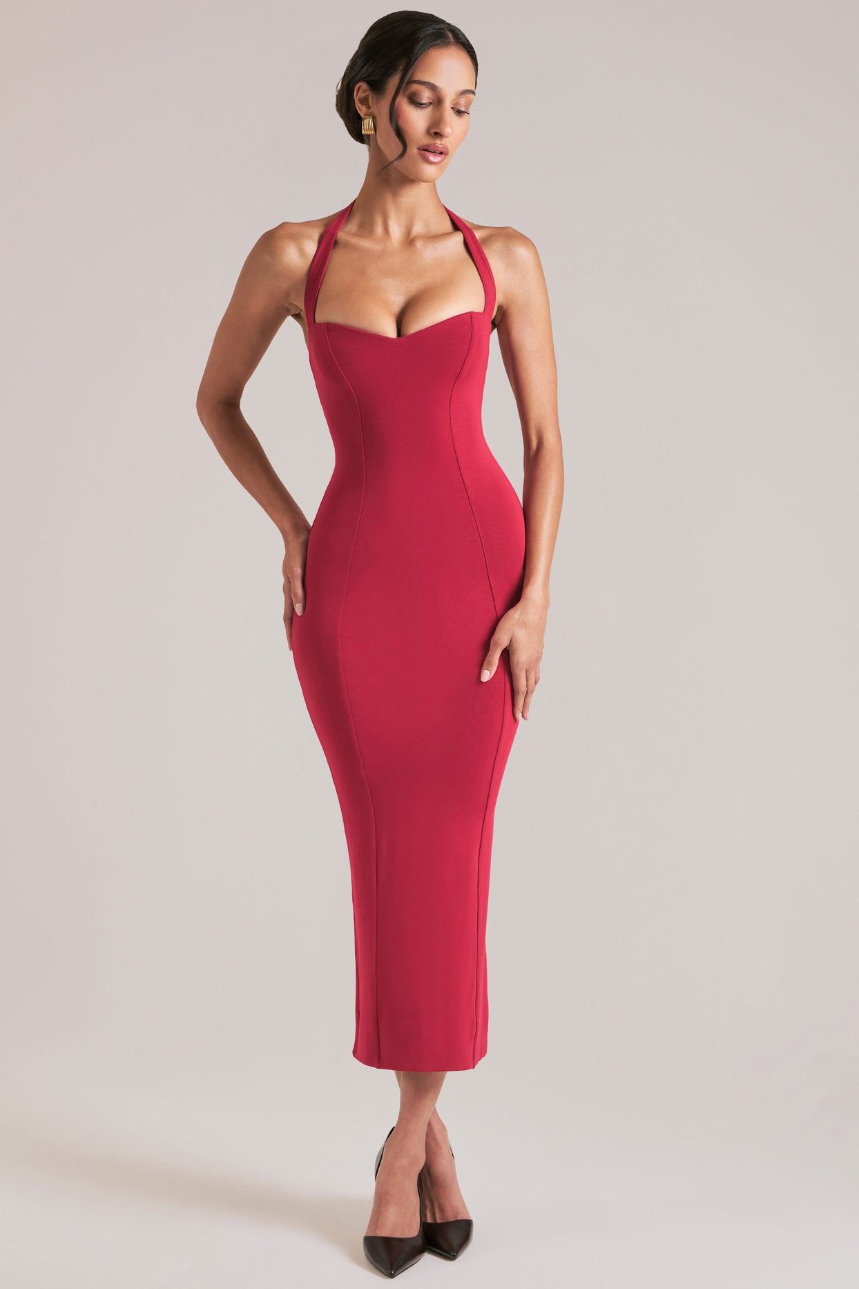 Halterneck Midaxi Dress in Cherry Red - 5