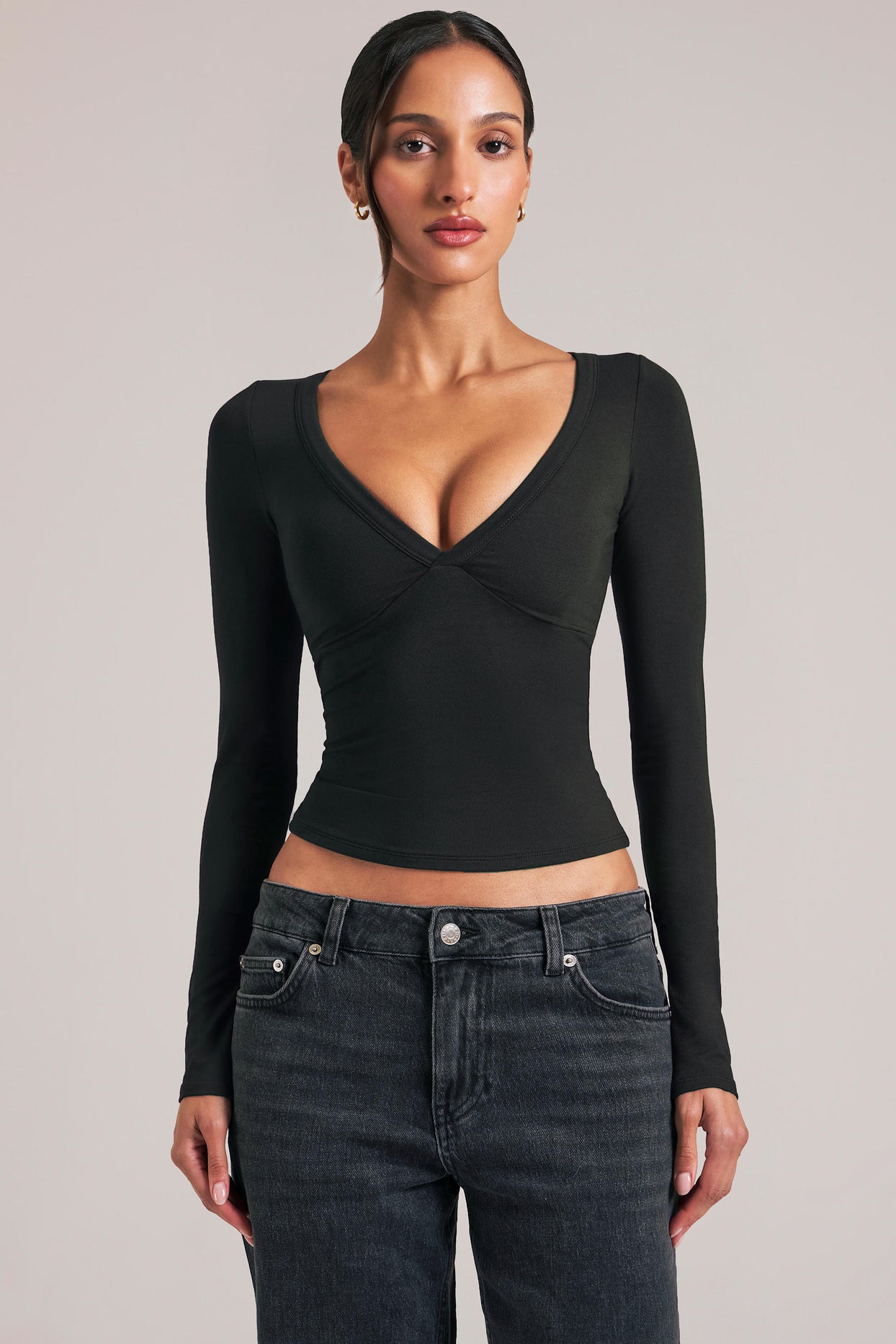 V-Neck Long-Sleeve Top  in Black - 7