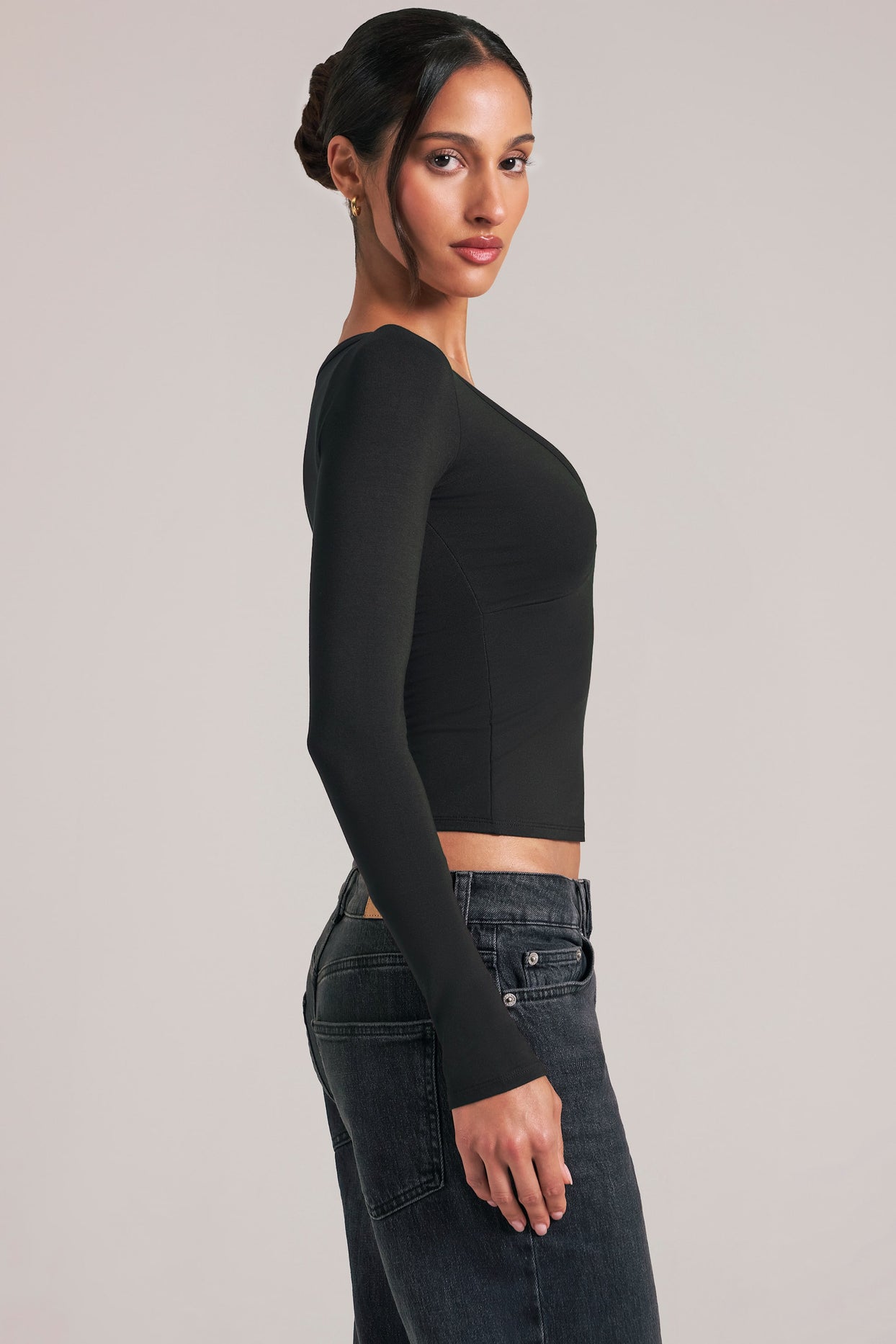 V-Neck Long-Sleeve Top  in Black - 3