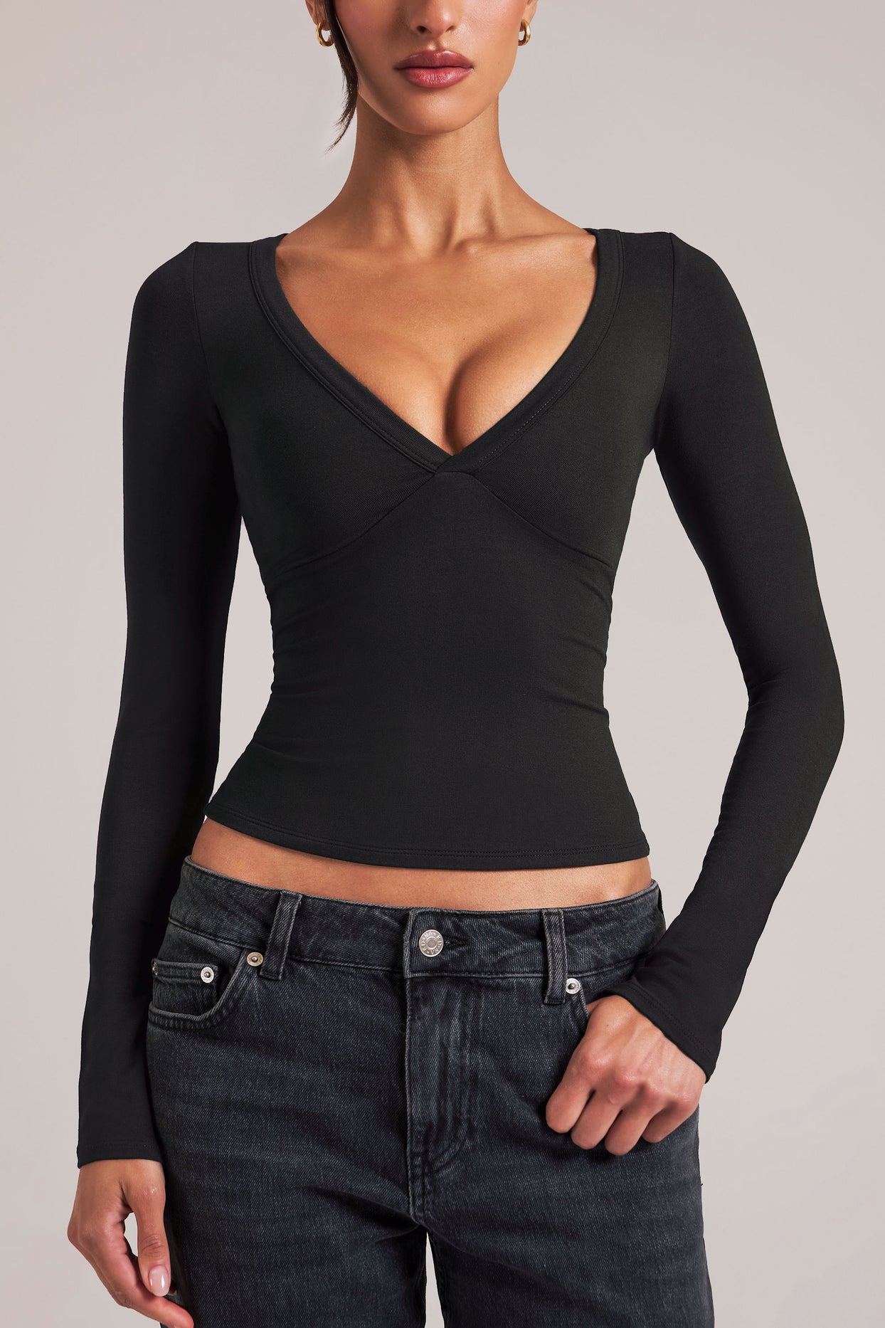 V-Neck Long-Sleeve Top  in Black - 4