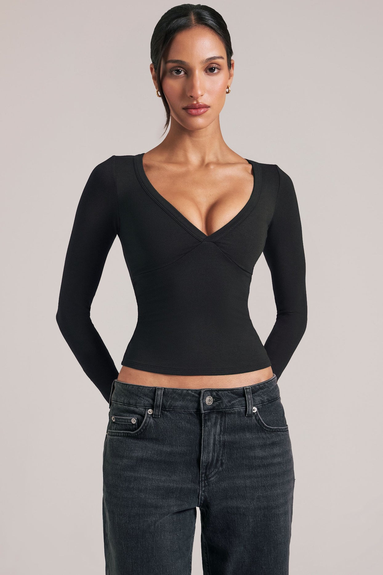 V-Neck Long-Sleeve Top  in Black - 6