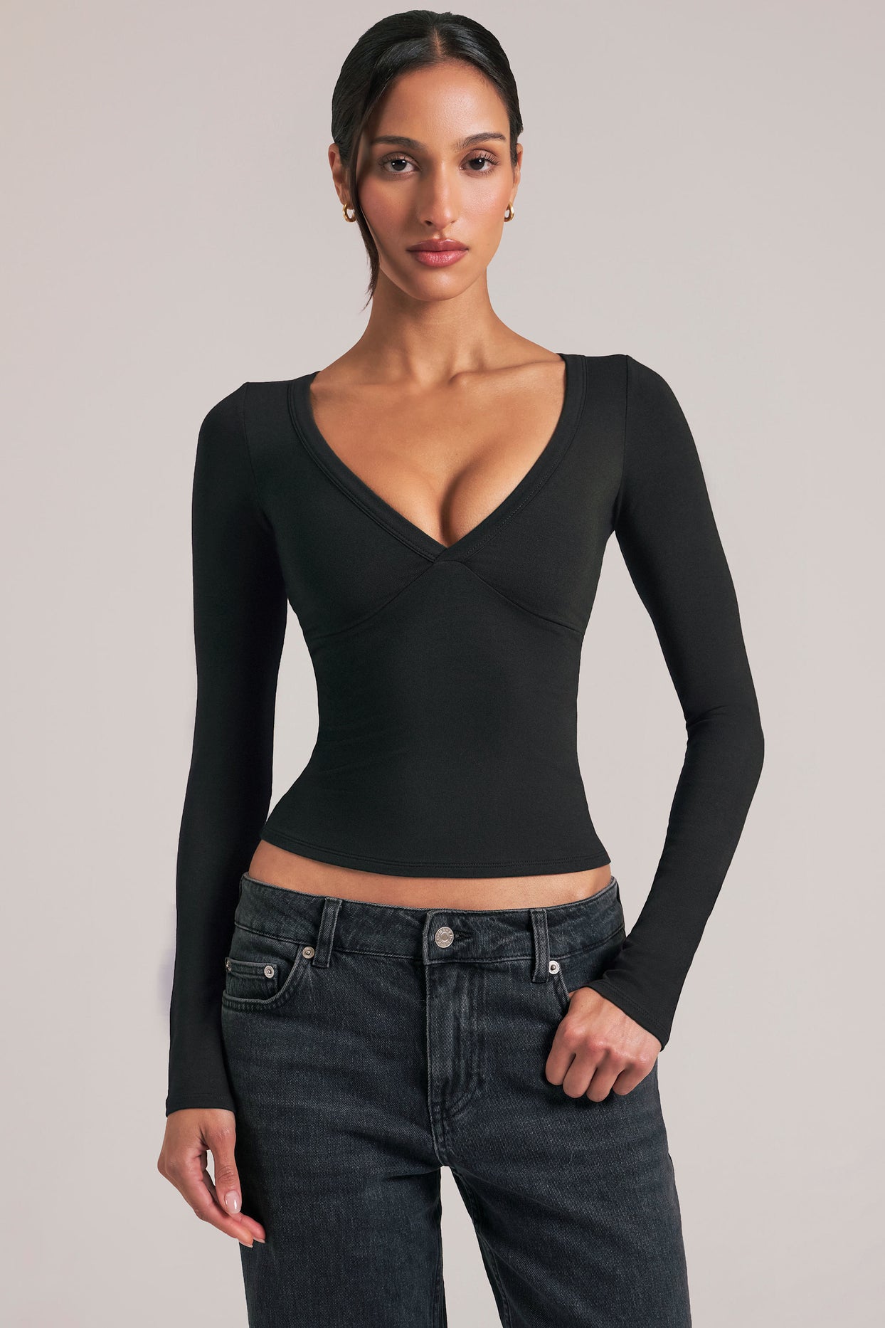V-Neck Long-Sleeve Top  in Black - 8