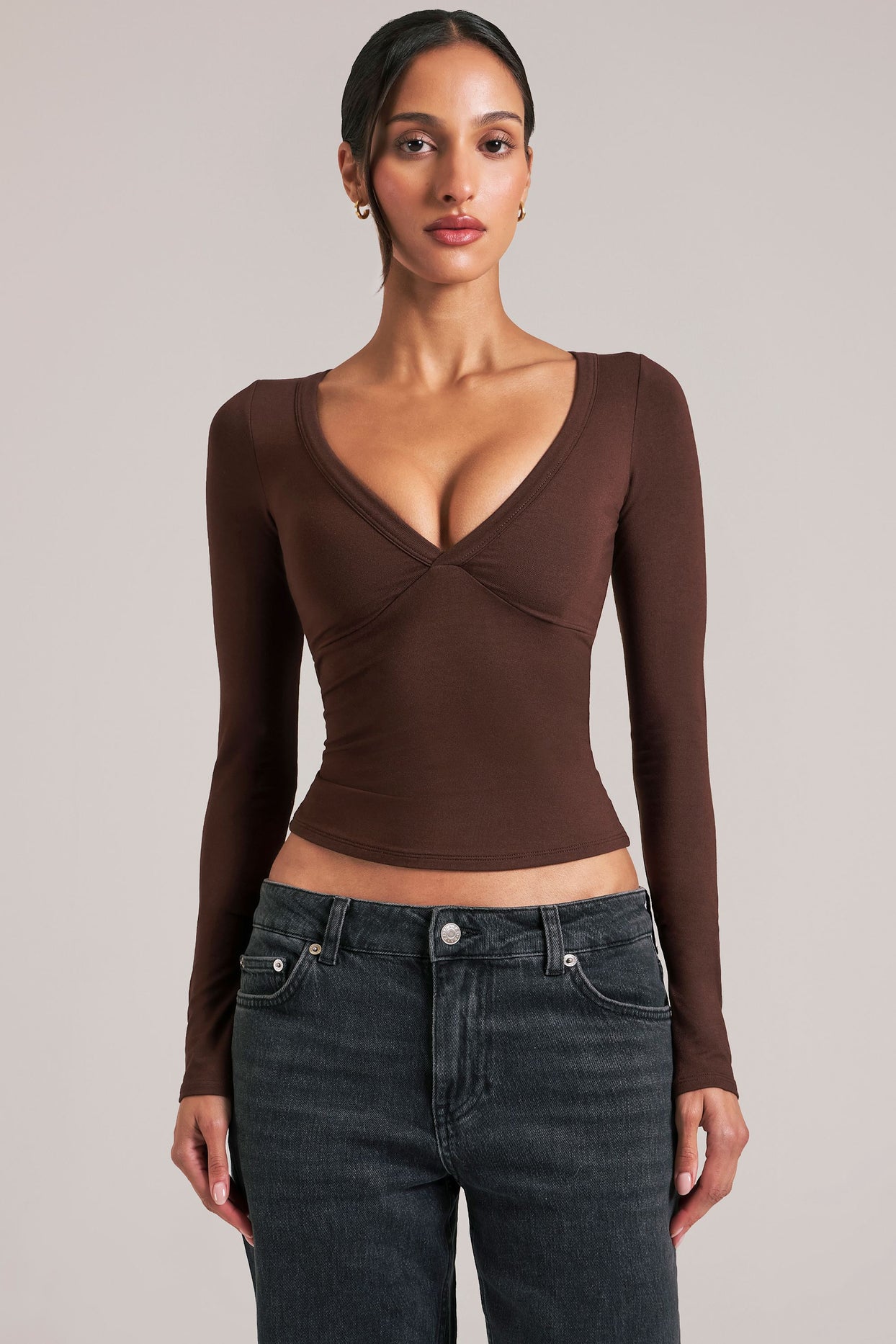 V-Neck Long-Sleeve Top  in Chocolate Brown - 6