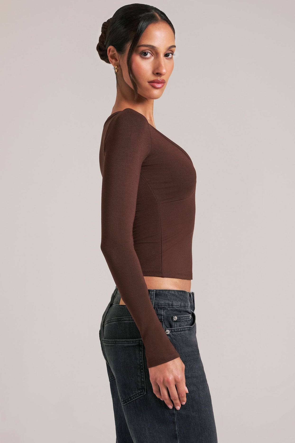 V-Neck Long-Sleeve Top  in Chocolate Brown - 3