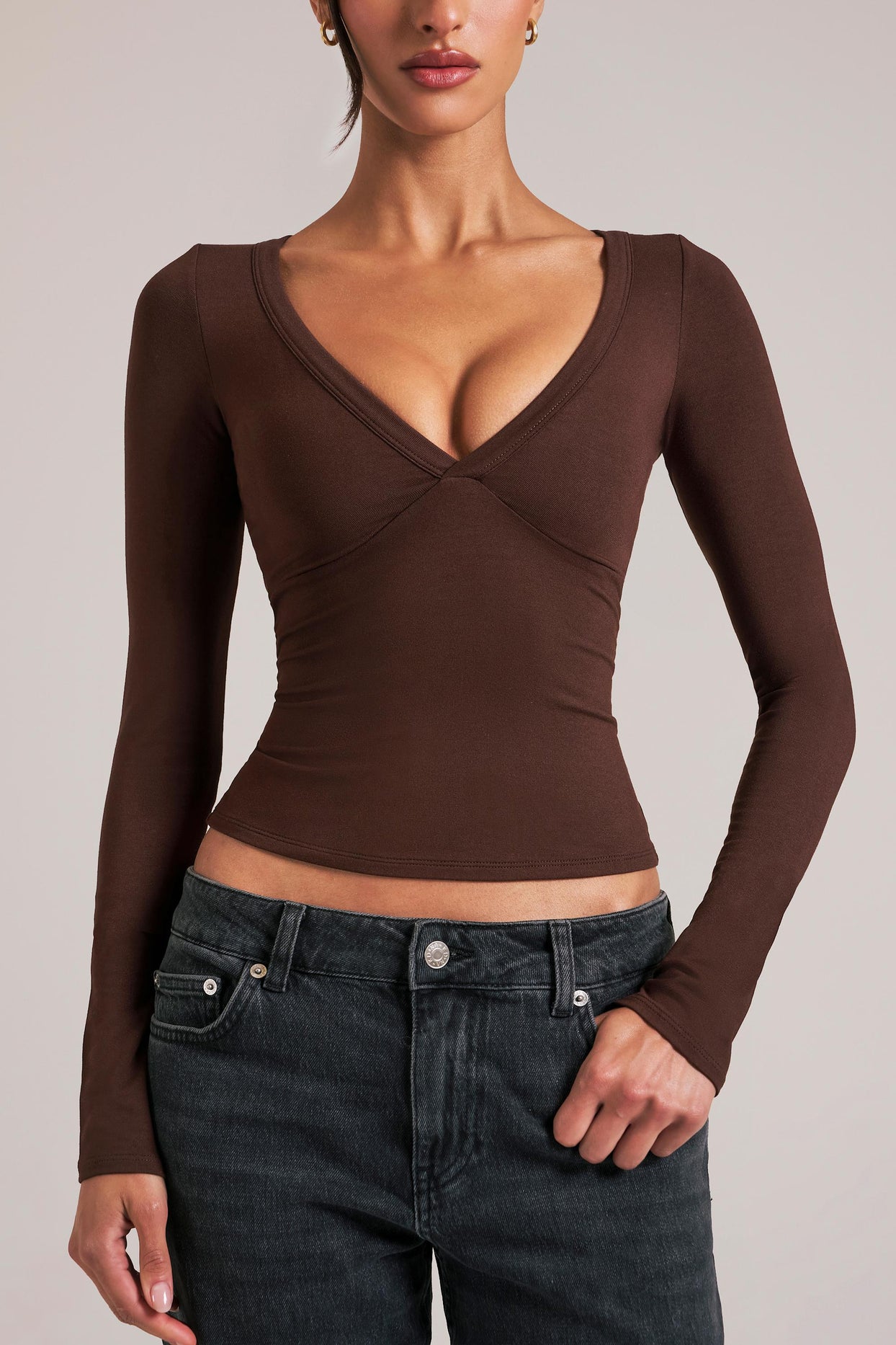 V-Neck Long-Sleeve Top  in Chocolate Brown - 4