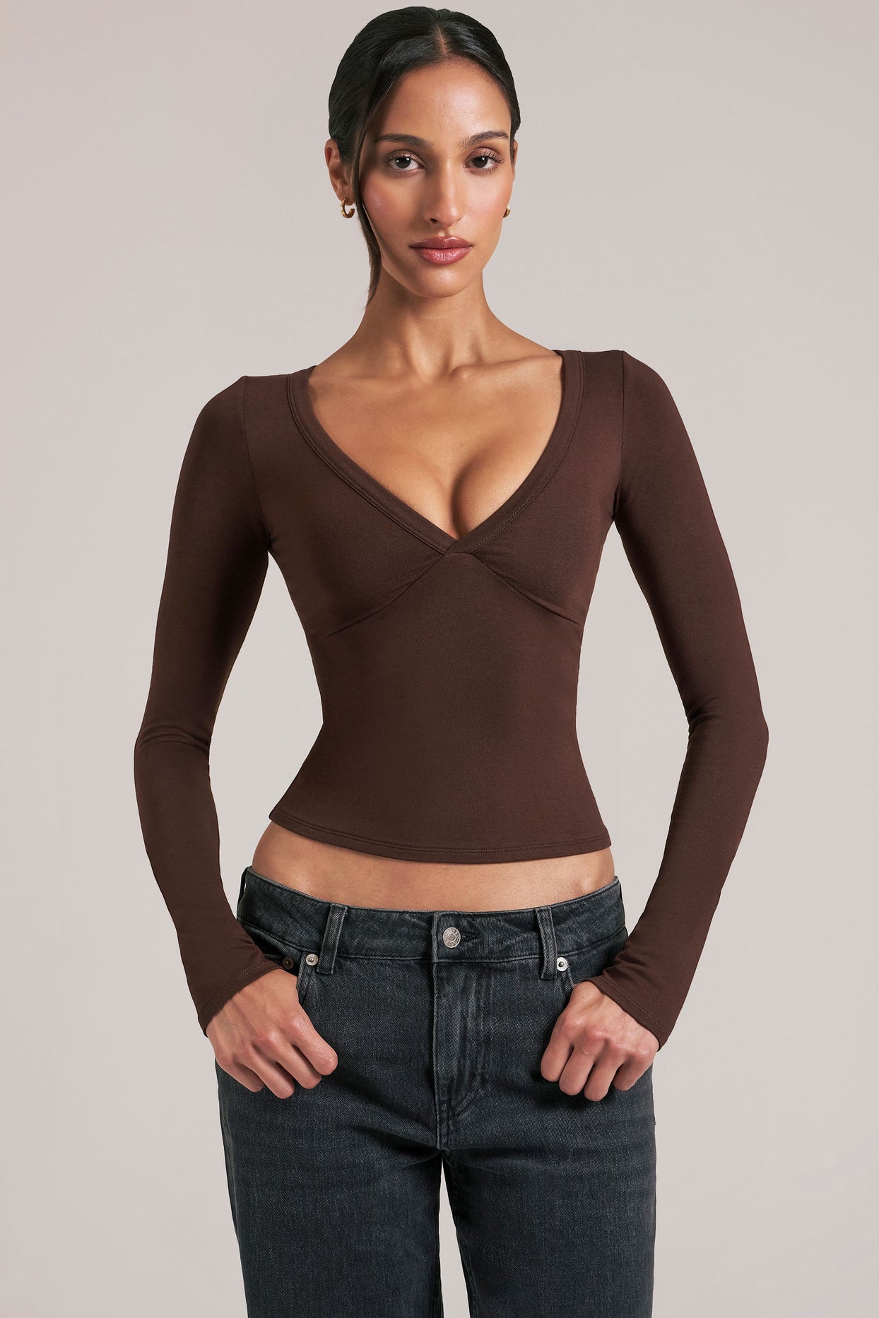 V-Neck Long-Sleeve Top  in Chocolate Brown - 1