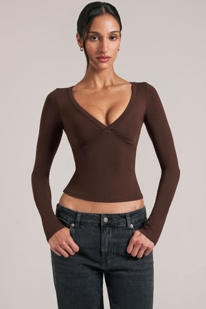 Oh Polly model Yasmin wearing the Zyra Tops in Chocolate Brown Soft Jersey fabric perfect for coffee catch-ups