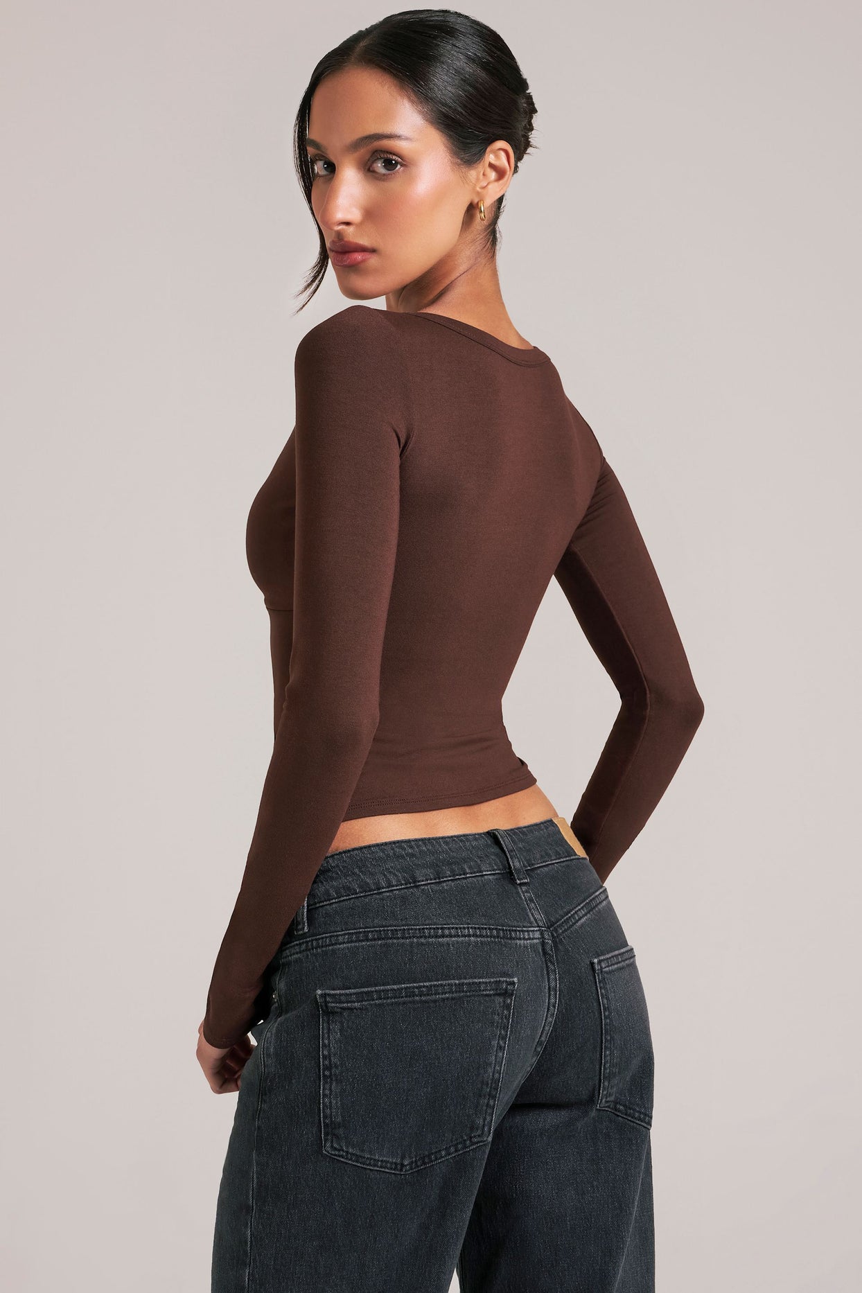 V-Neck Long-Sleeve Top  in Chocolate Brown - 5