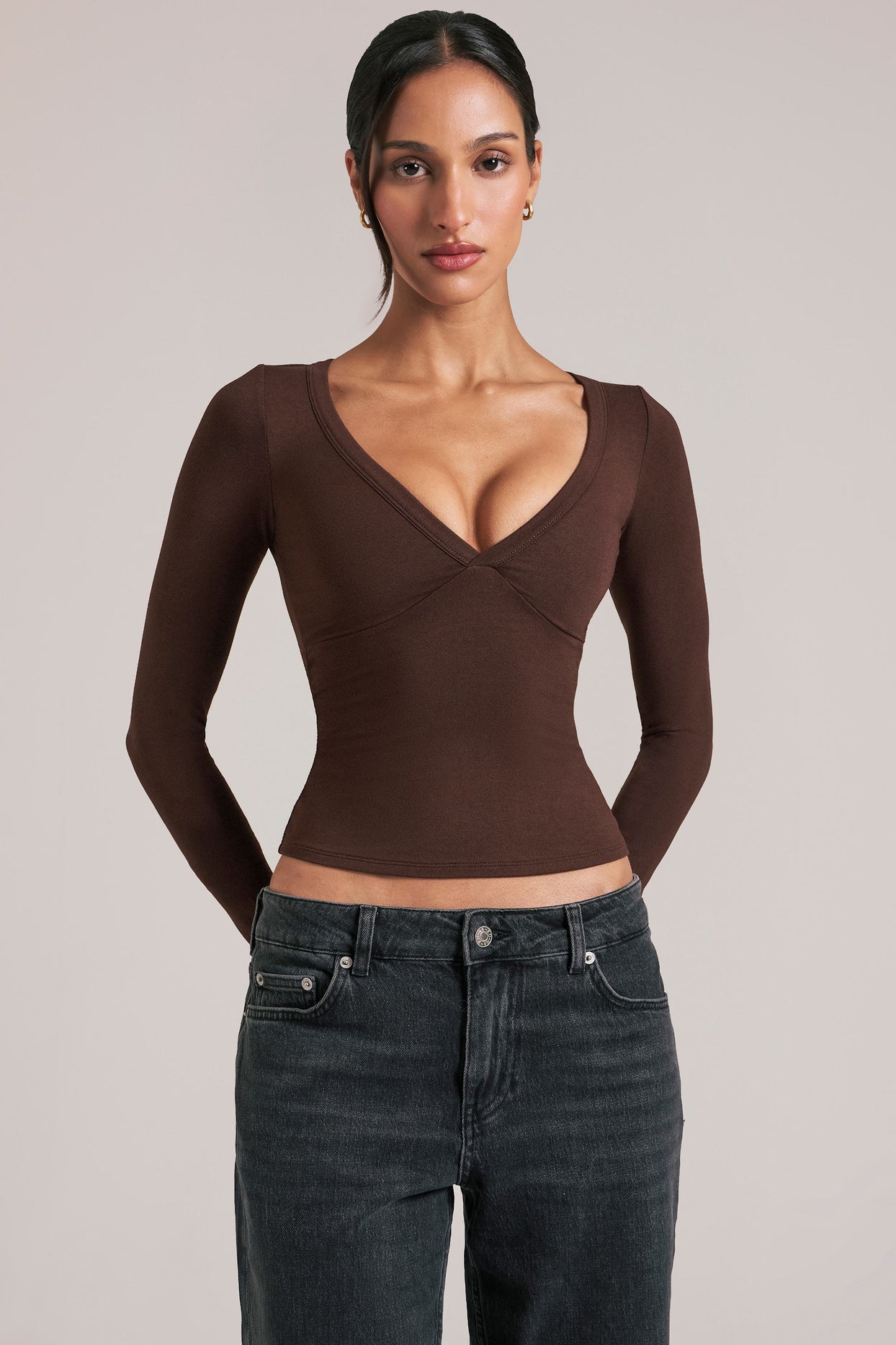 V-Neck Long-Sleeve Top  in Chocolate Brown - 7