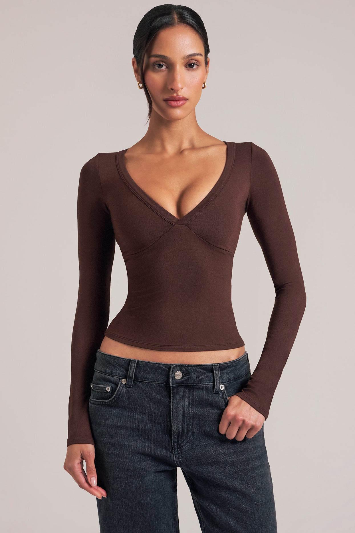 V-Neck Long-Sleeve Top  in Chocolate Brown - 8