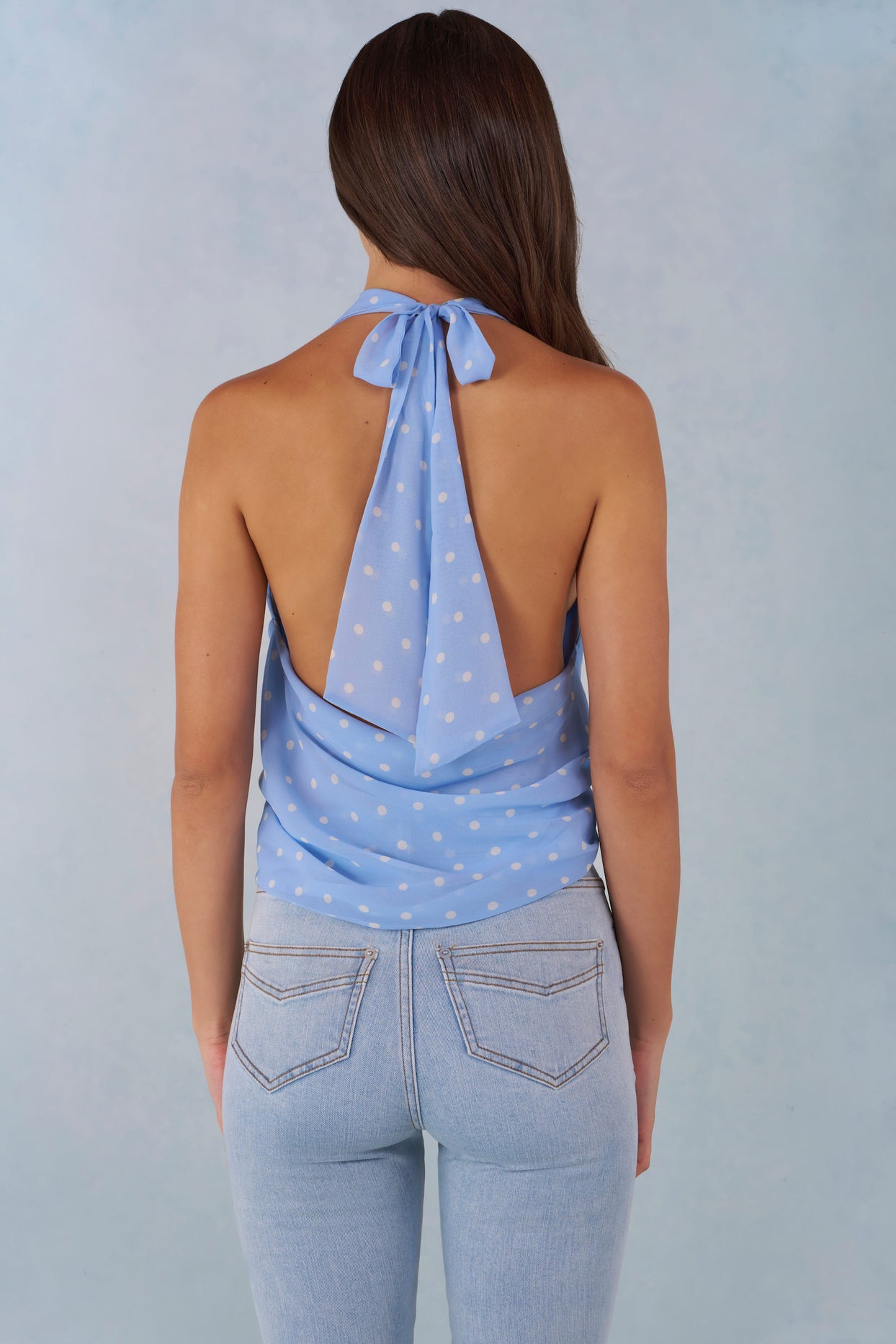 Deep Plunge Halterneck Top in Blue Polka Dot Print - 7