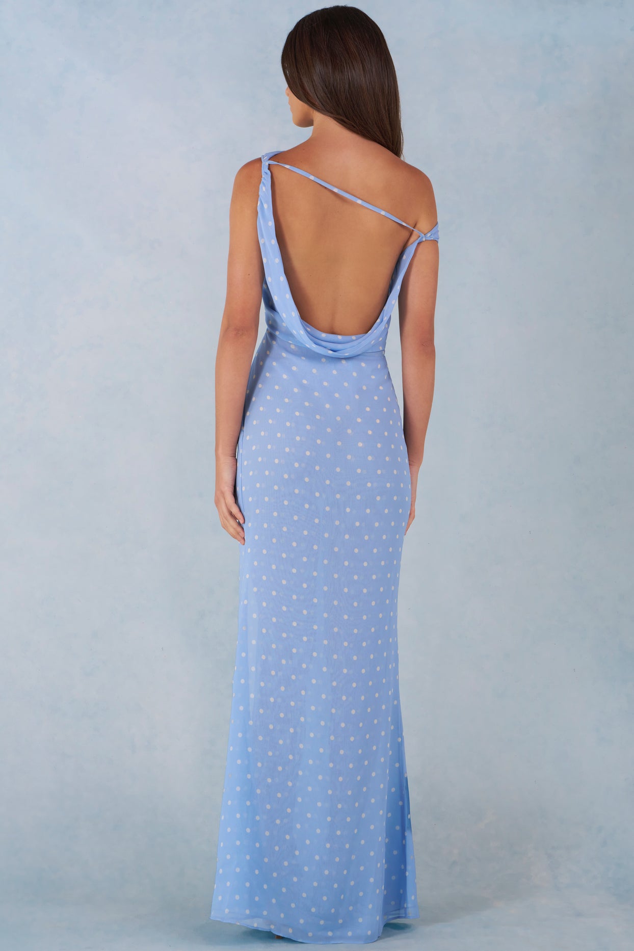 One-Shoulder Maxi Dress in Blue Polka Dot Print - 5