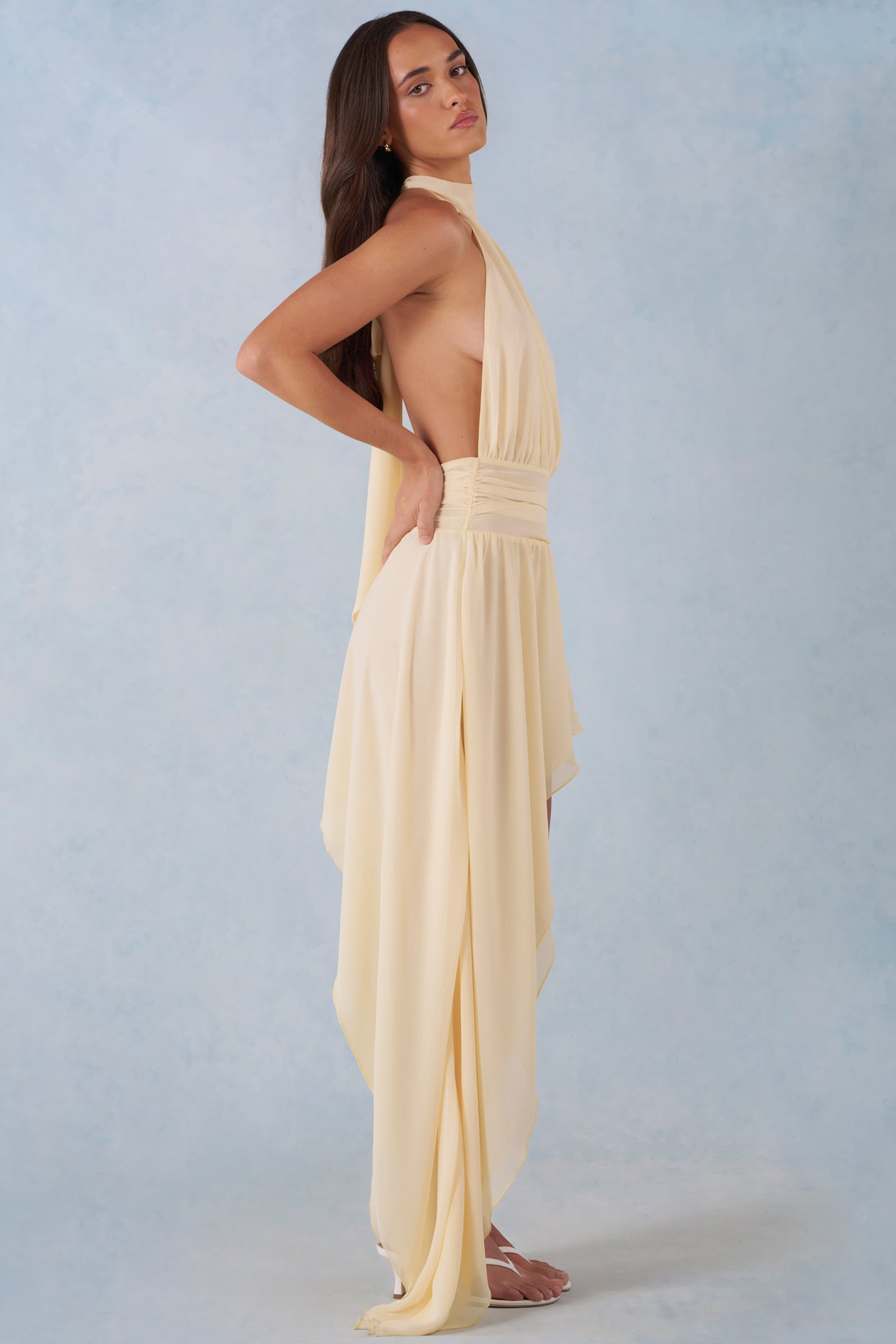 Halterneck Asymmetric Maxi Dress in Butter Yellow - 4