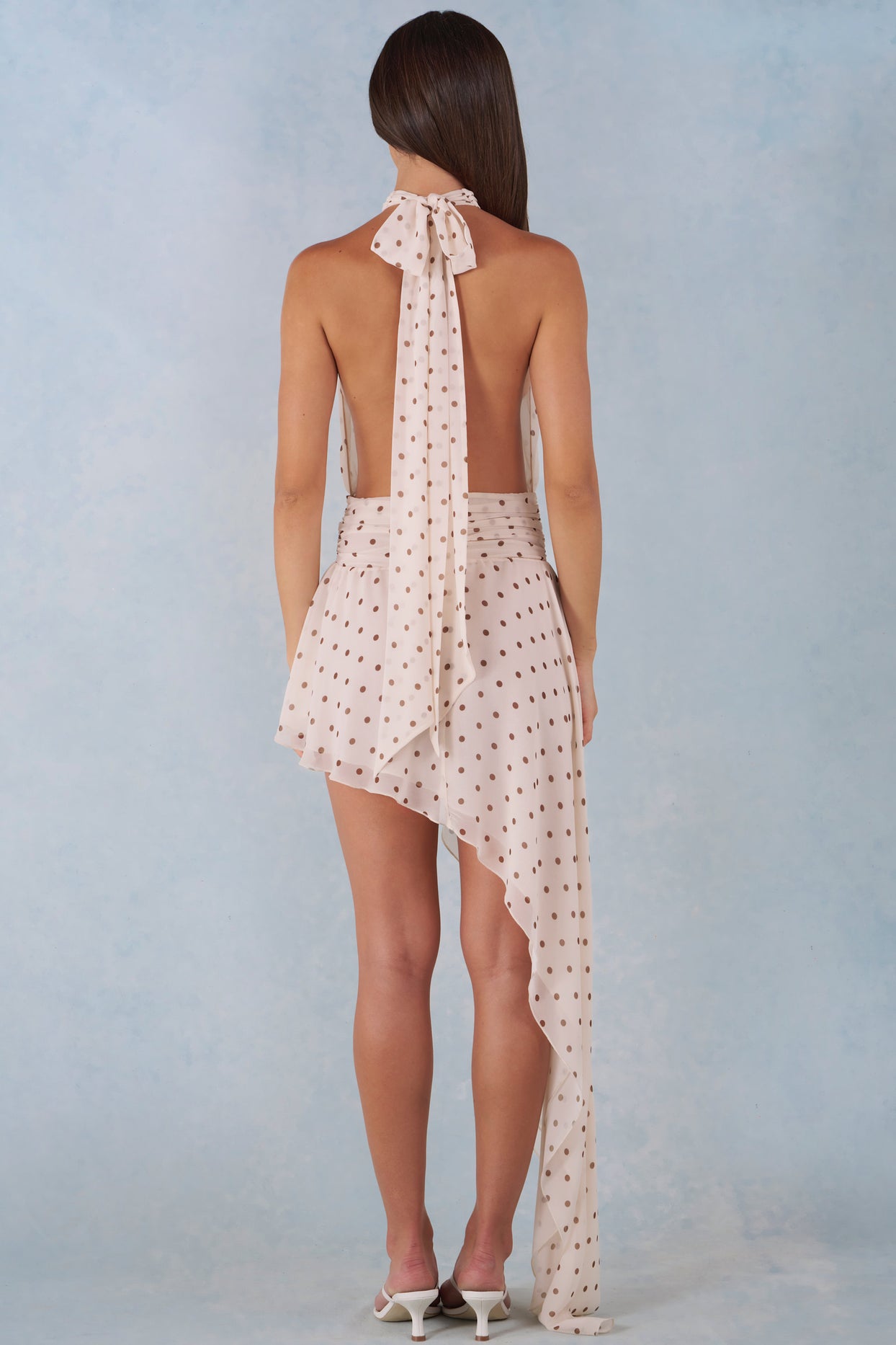 Halterneck Asymmetric Maxi Dress in Ivory Polka Dot Print - 6