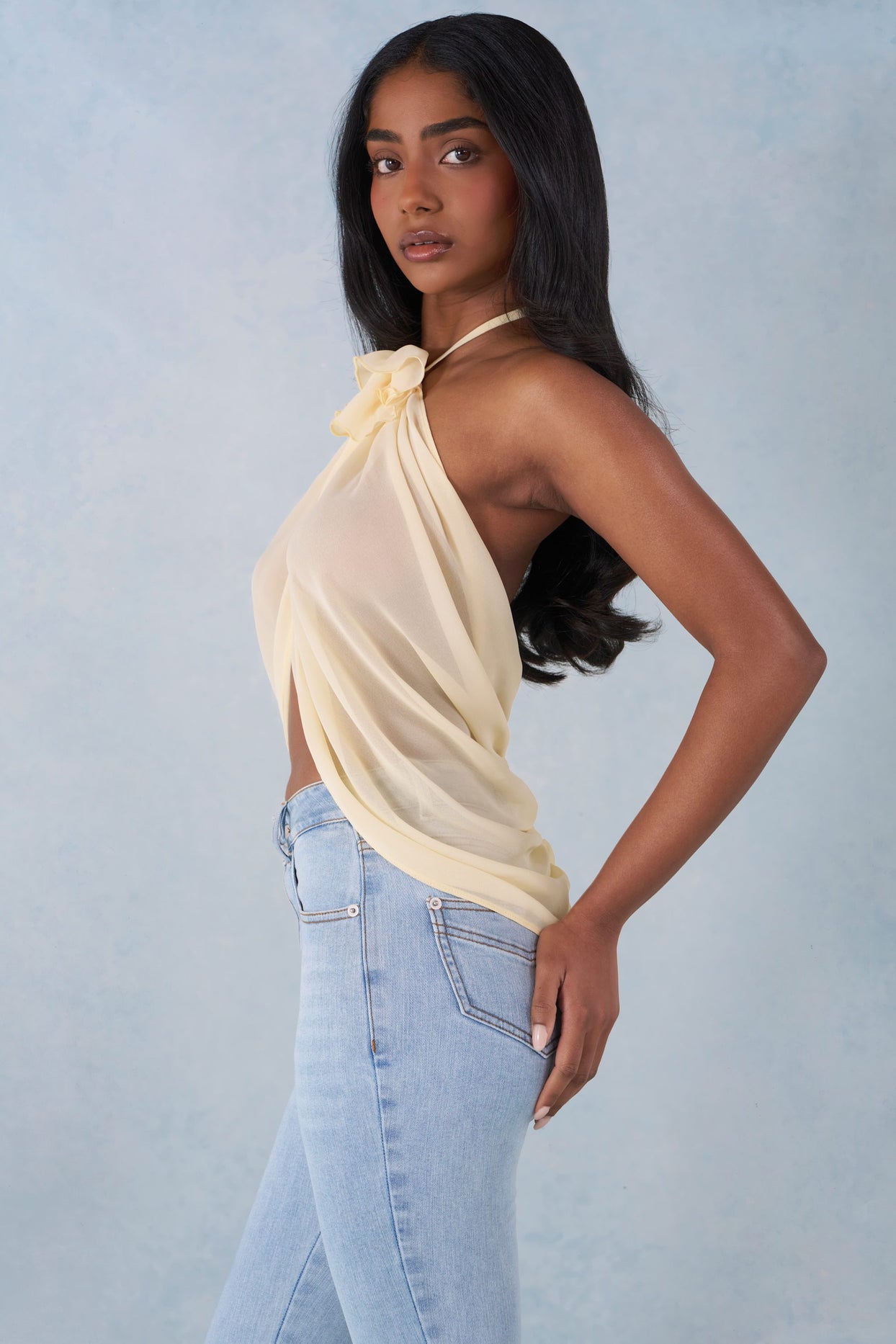 Halterneck Open-Front Top in Butter Yellow - 3