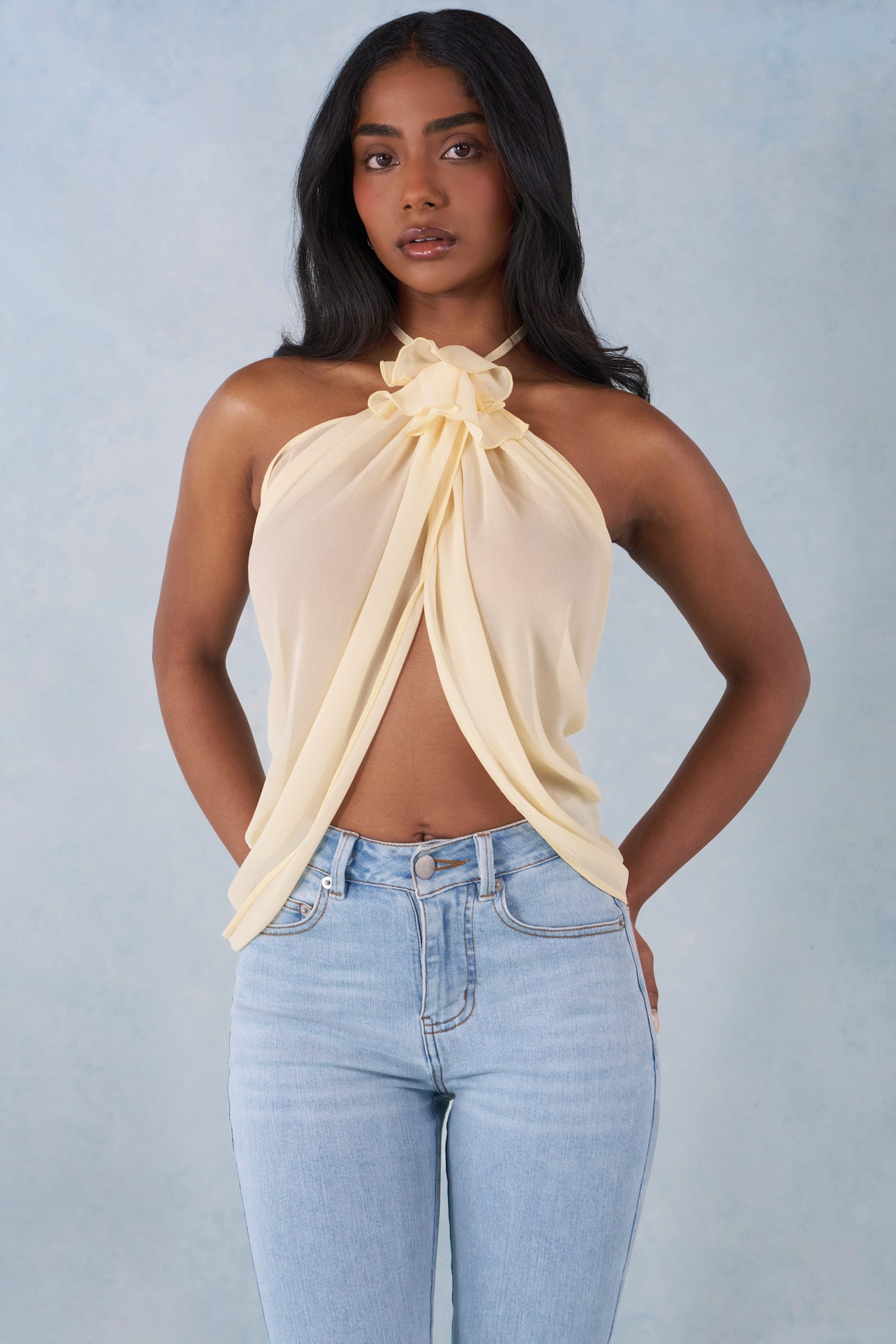 Halterneck Open-Front Top in Butter Yellow - 4