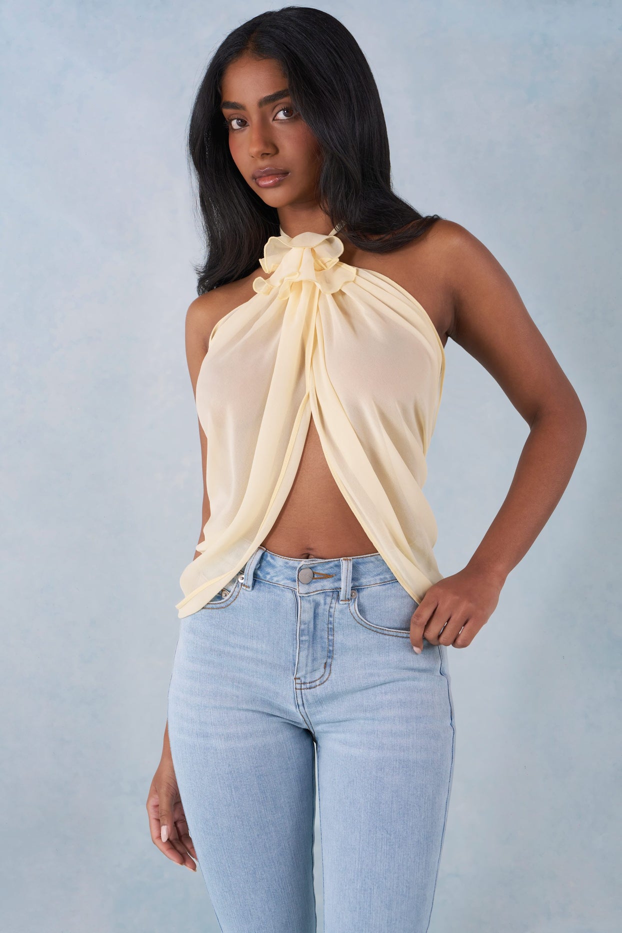 Halterneck Open-Front Top in Butter Yellow - 6