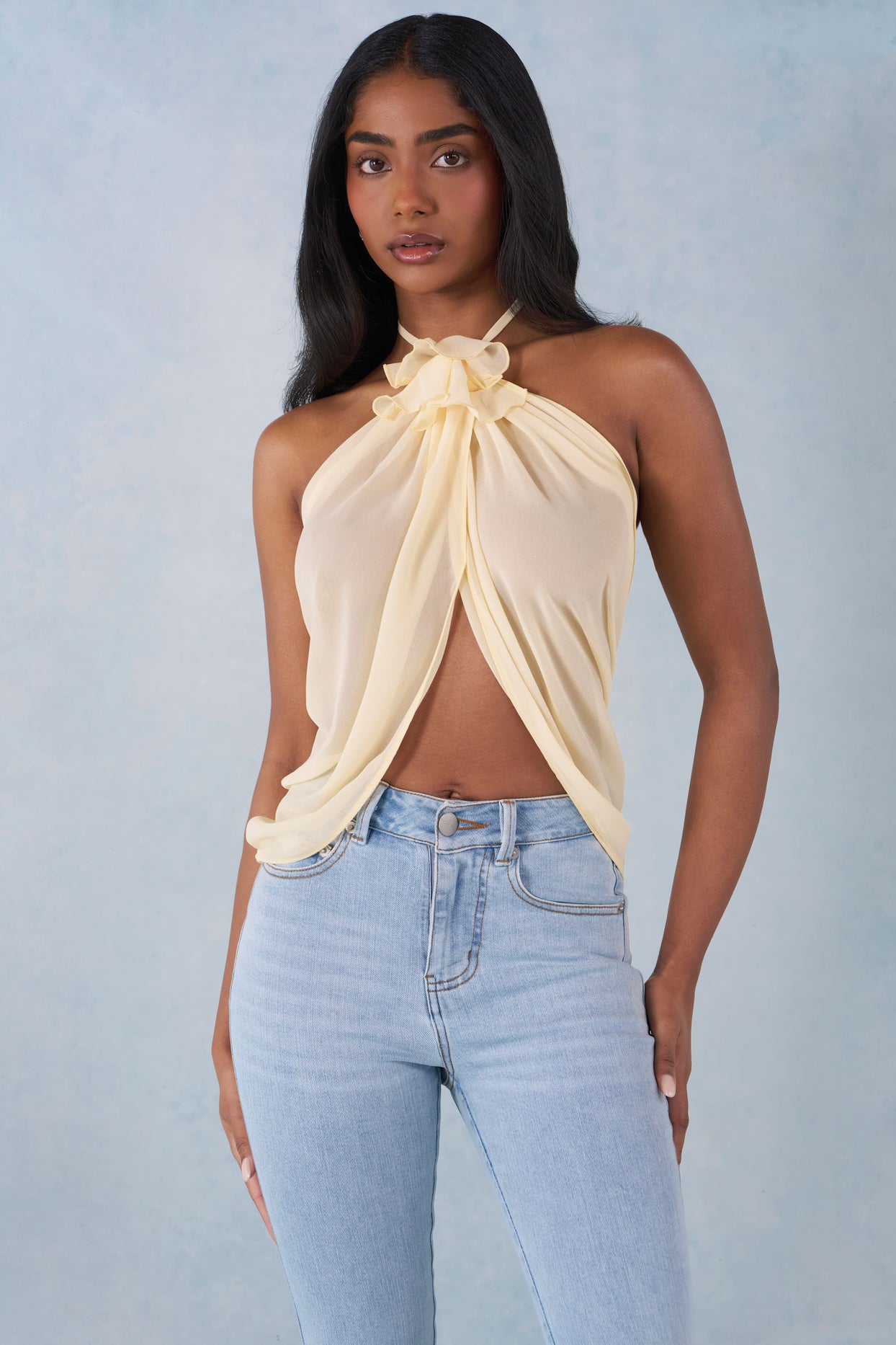 Halterneck Open-Front Top in Butter Yellow - 7