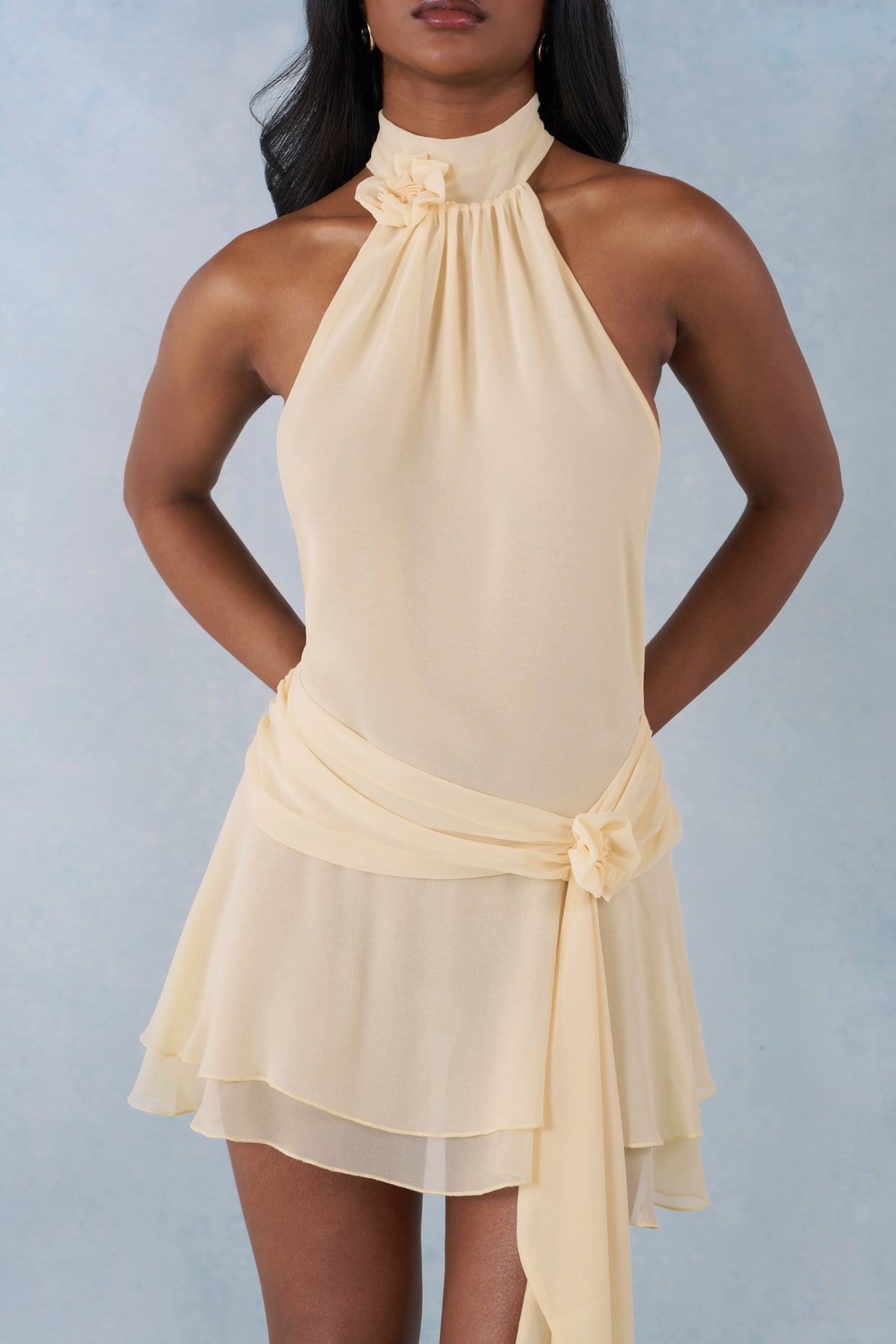 Halterneck Mini Dress in Butter Yellow - 4