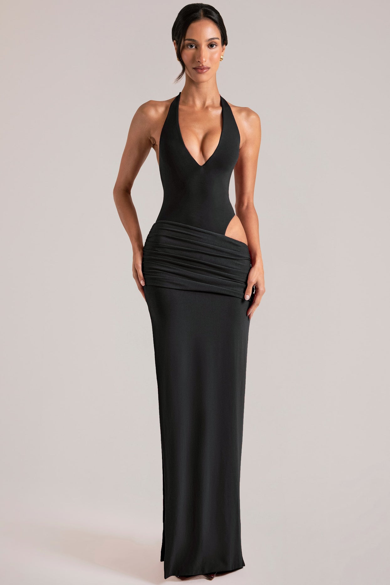Deep Plunge Halterneck Maxi Dress in Black - 1