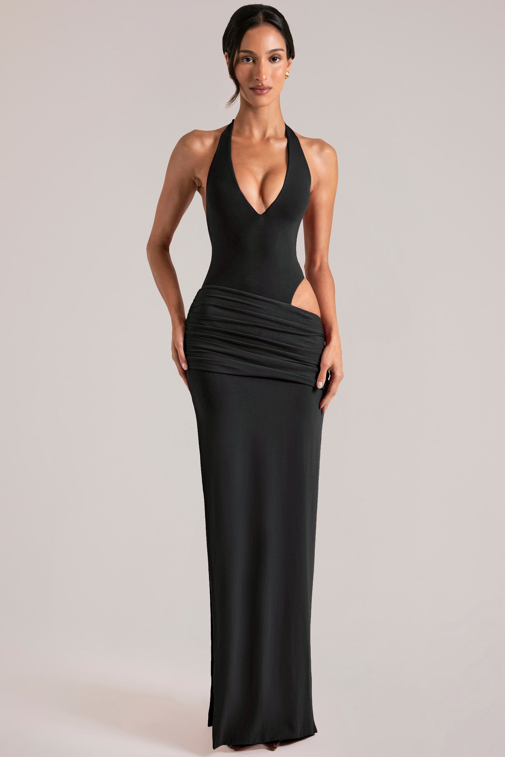 Deep Plunge Halterneck Maxi Dress in Black - 1