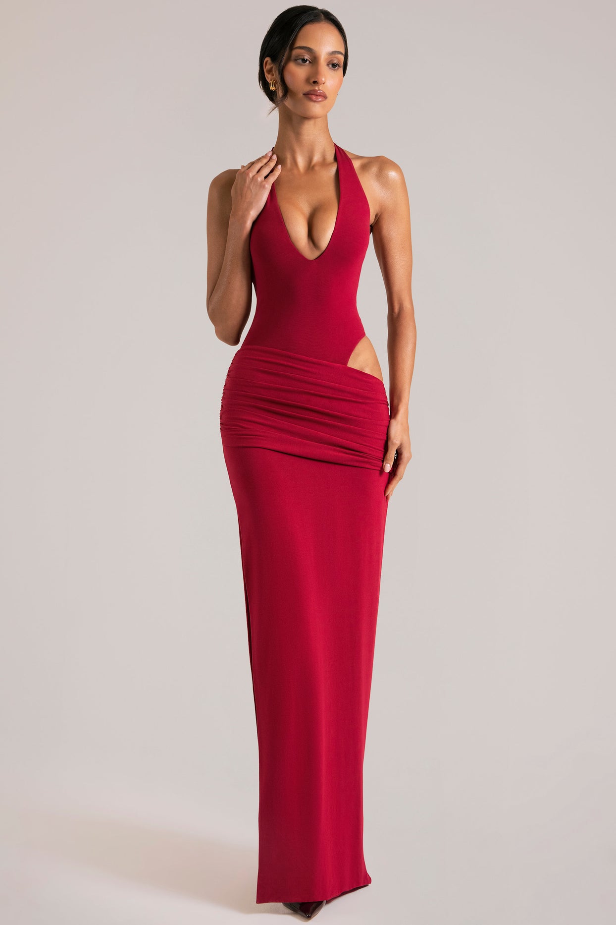 Deep Plunge Halterneck Maxi Dress in Cherry Red - 6
