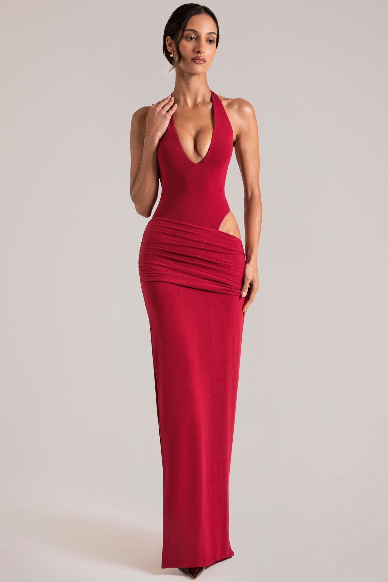Deep Plunge Halterneck Maxi Dress in Cherry Red - 7