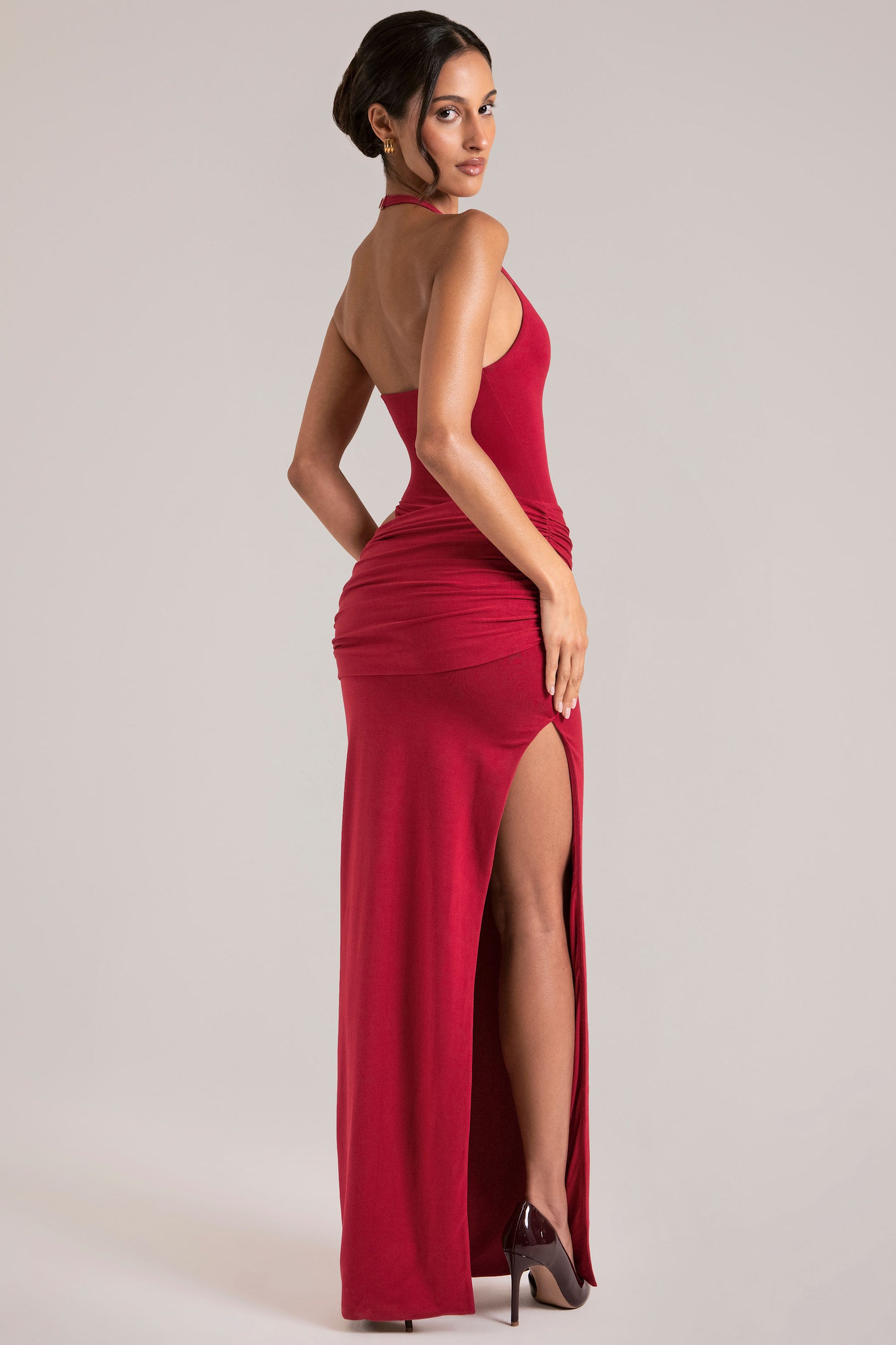 Deep Plunge Halterneck Maxi Dress in Cherry Red - 2