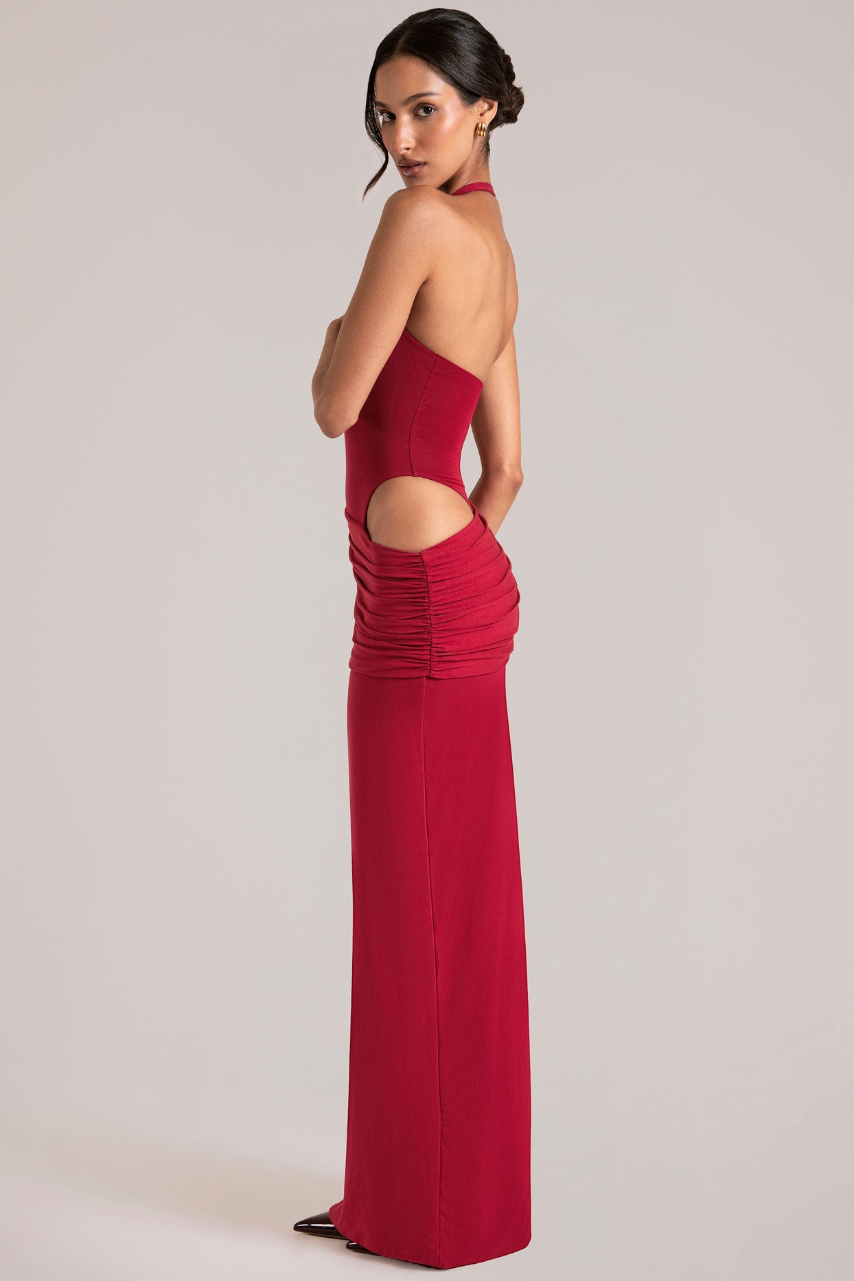 Deep Plunge Halterneck Maxi Dress in Cherry Red - 5