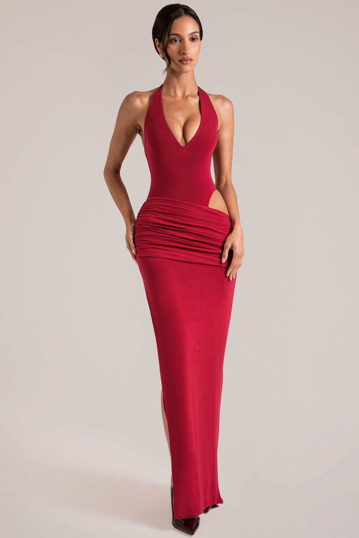 Deep Plunge Halterneck Maxi Dress in Cherry Red - 8