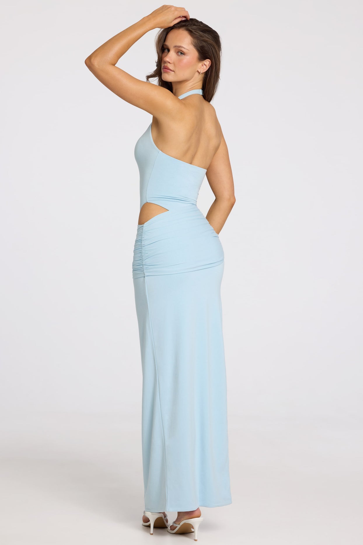 Deep Plunge Halterneck Maxi Dress in Powder Blue - 2