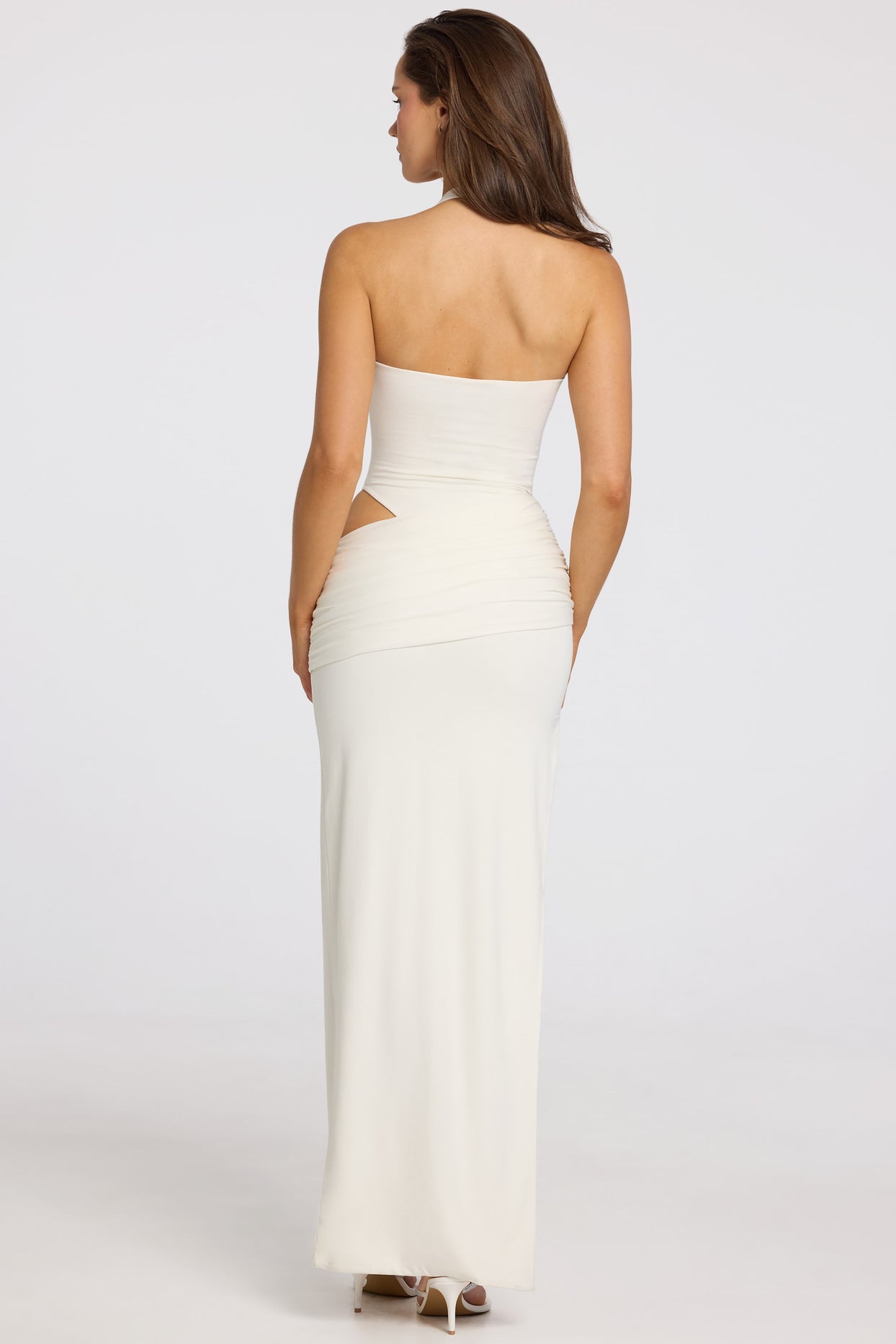 Deep Plunge Halterneck Maxi Dress in White - 3