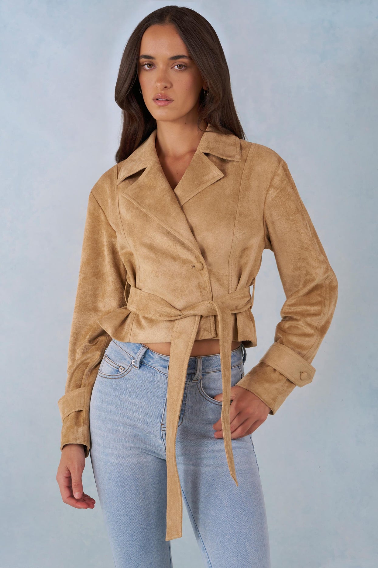 Faux Suede Cropped Belted Jacket in Tan - 9