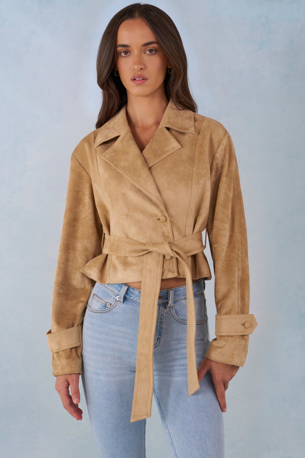 Faux Suede Cropped Belted Jacket in Tan - 10