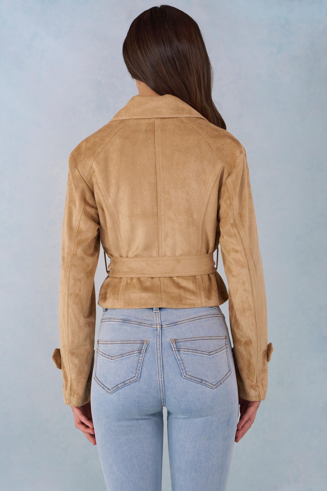 Faux Suede Cropped Belted Jacket in Tan - 3