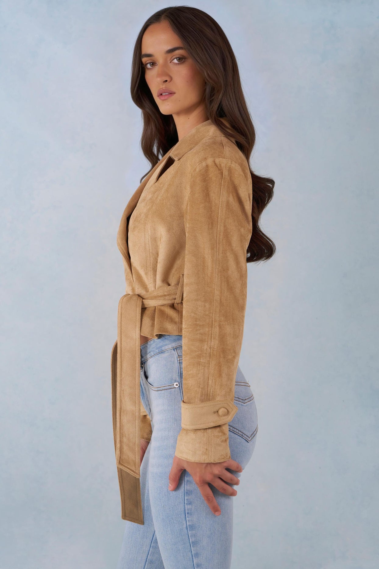 Faux Suede Cropped Belted Jacket in Tan - 4