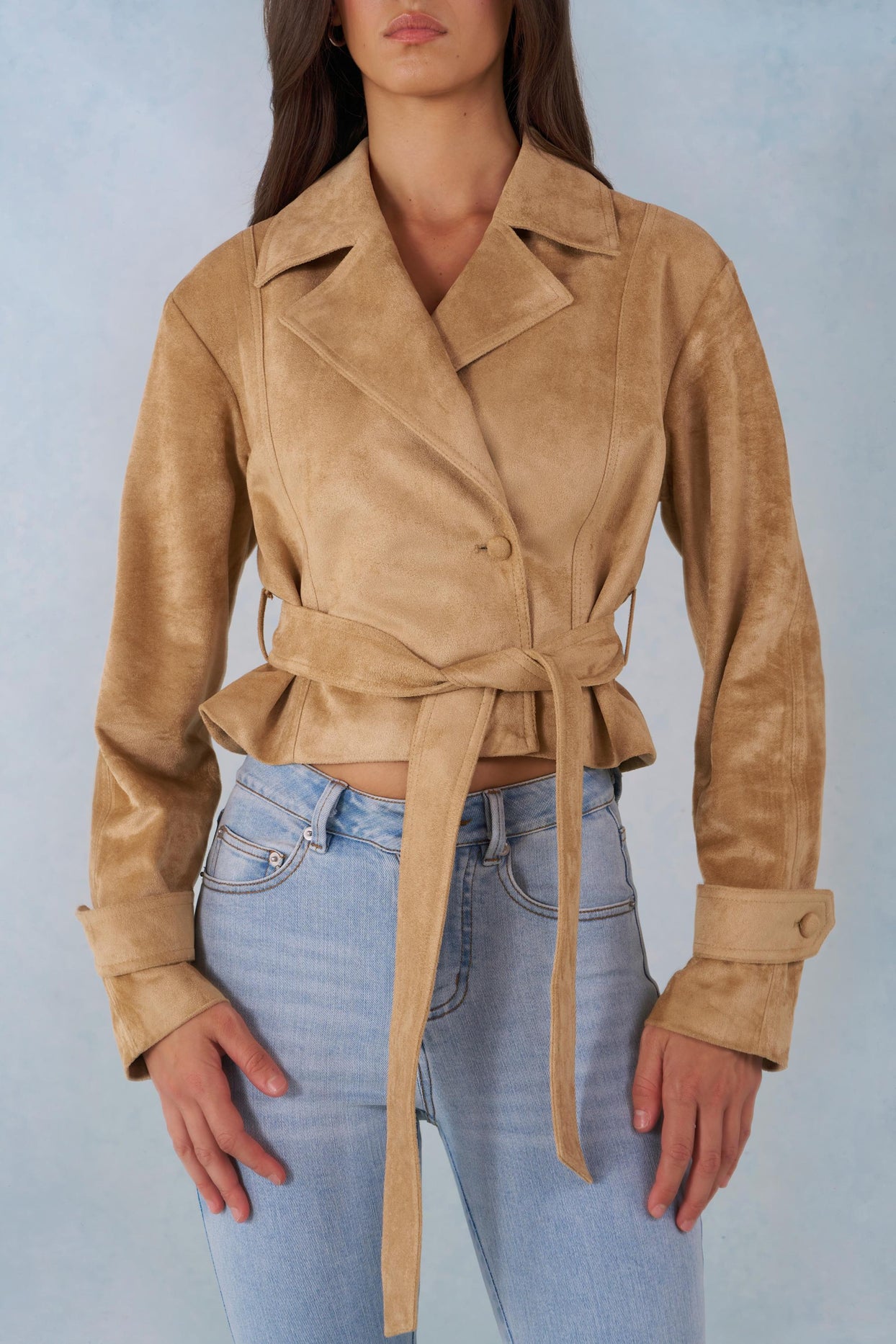 Faux Suede Cropped Belted Jacket in Tan - 5
