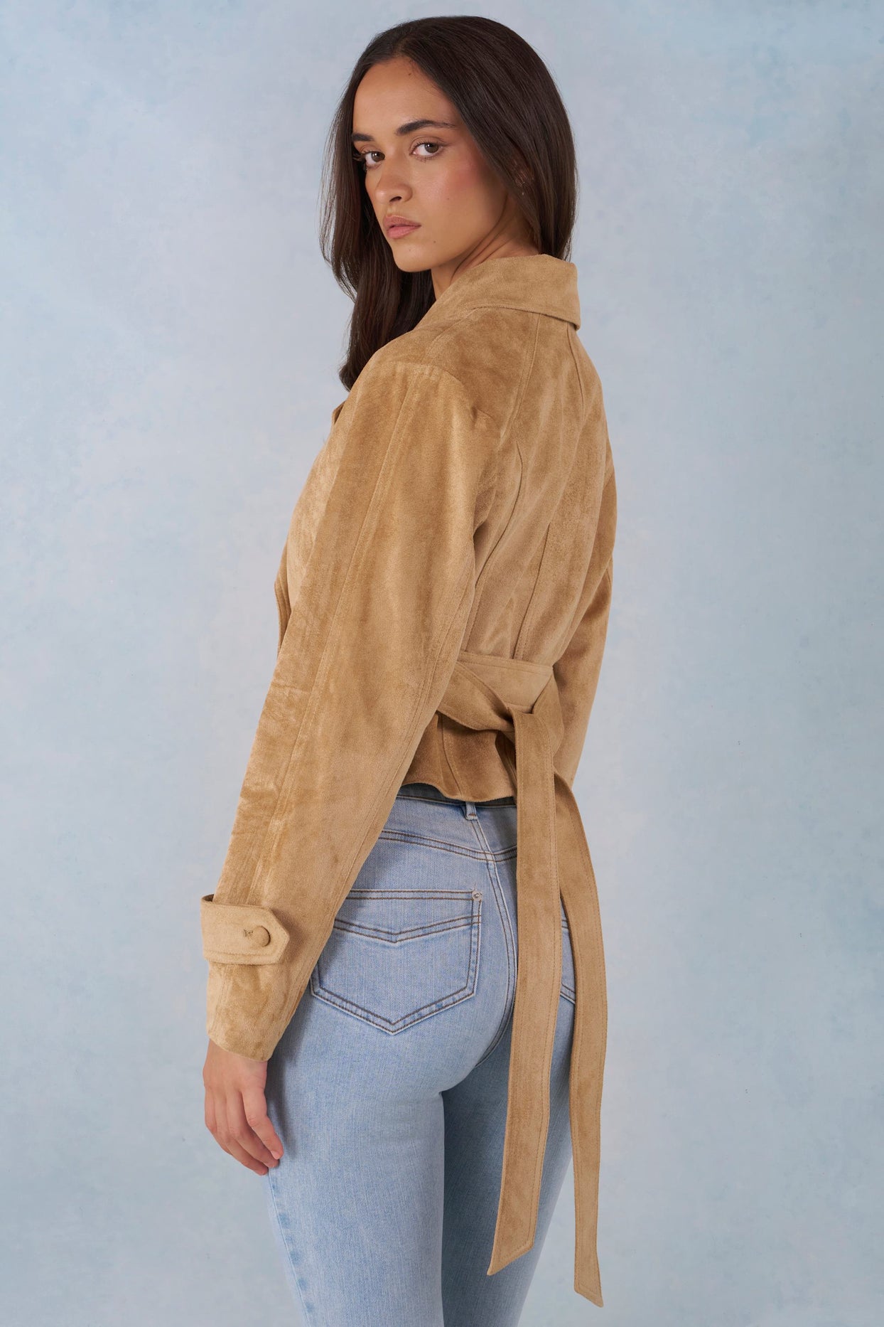 Faux Suede Cropped Belted Jacket in Tan - 2