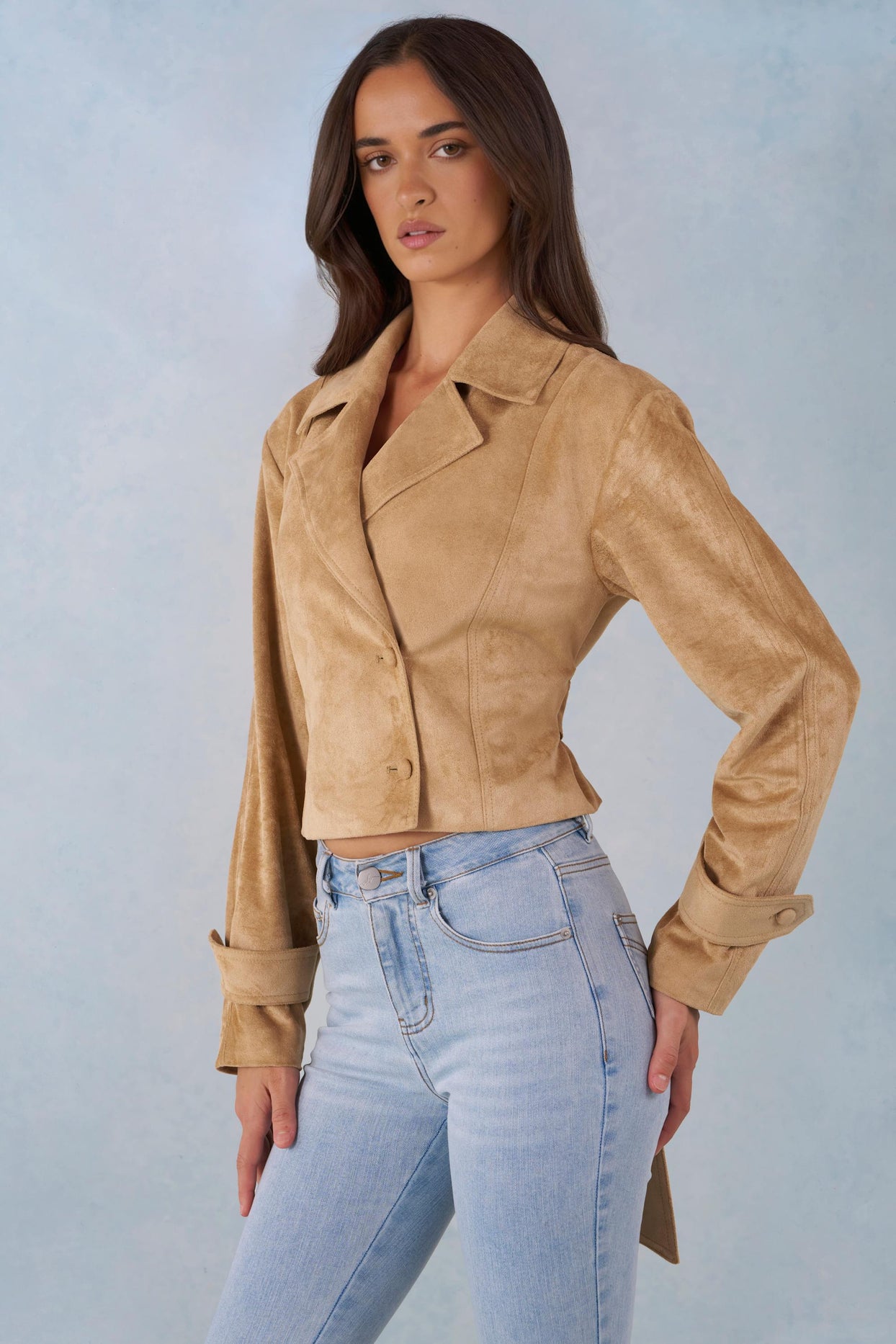 Faux Suede Cropped Belted Jacket in Tan - 7