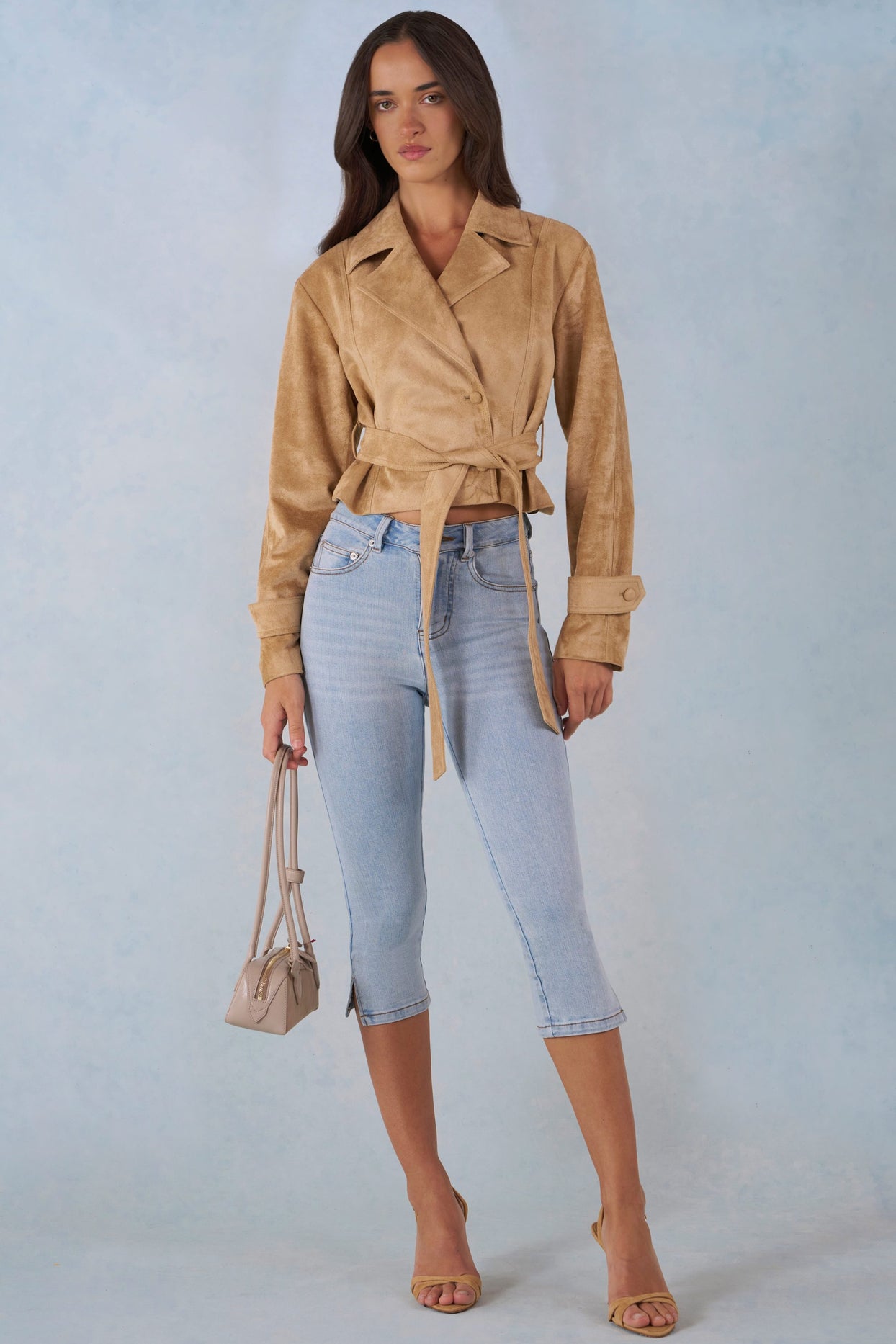 Faux Suede Cropped Belted Jacket in Tan - 6