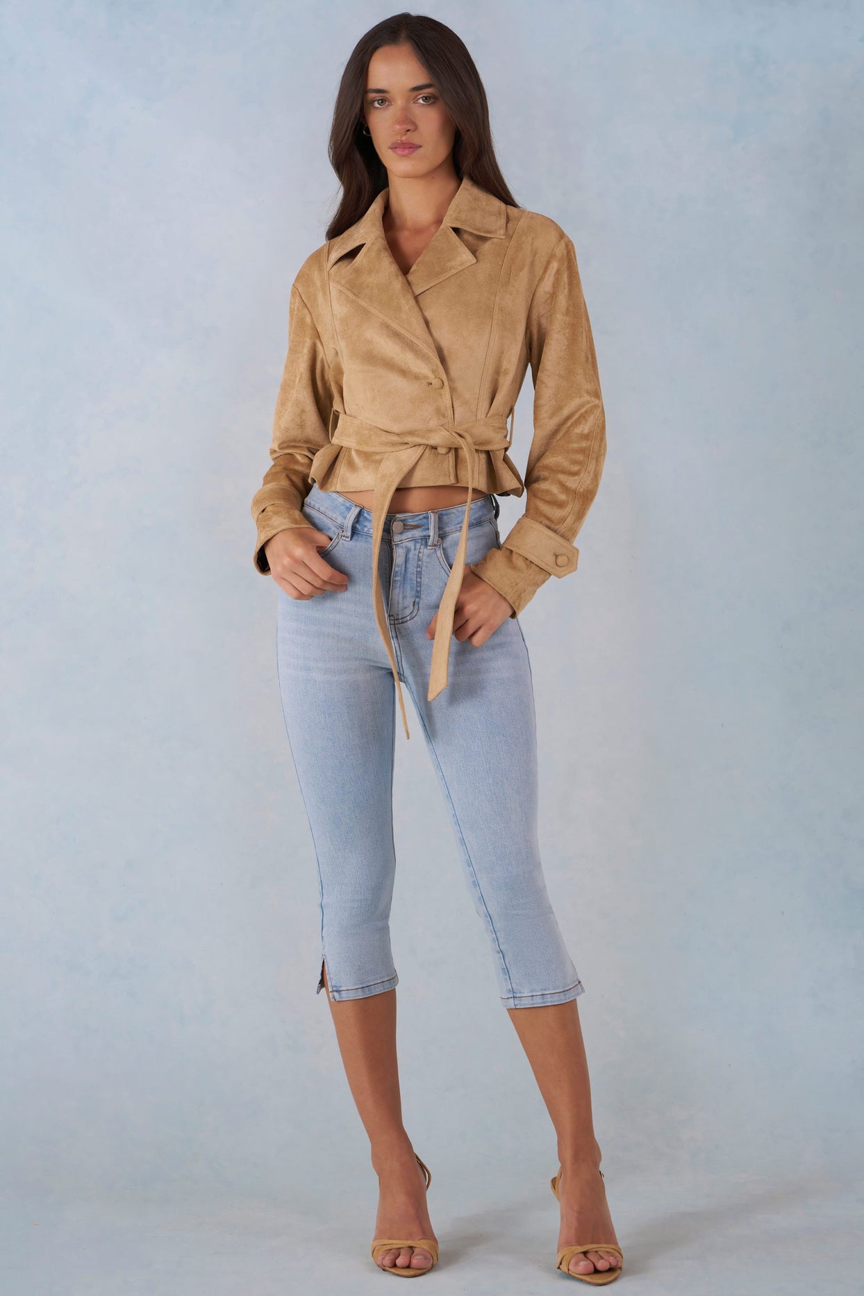 Faux Suede Cropped Belted Jacket in Tan - 1