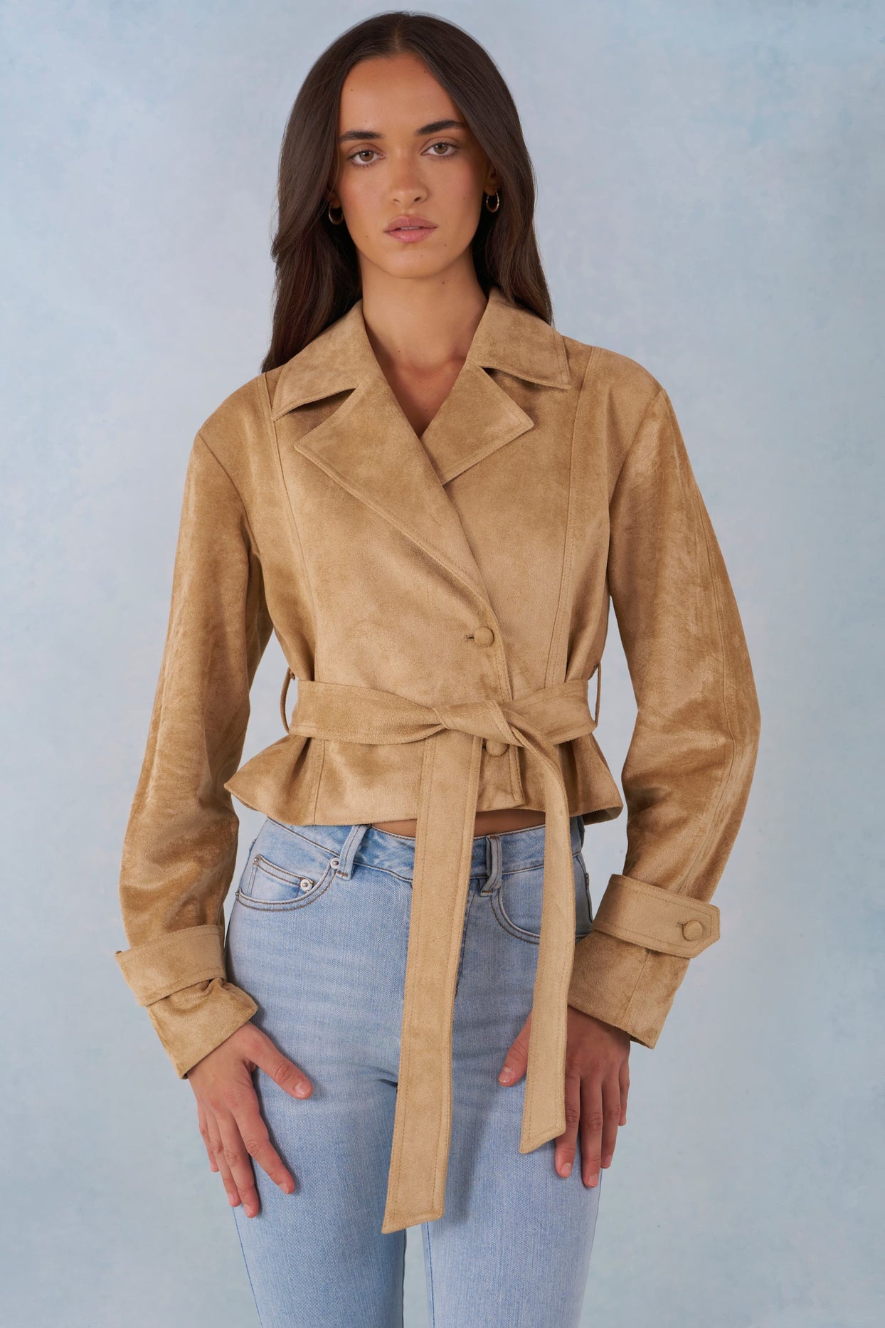 Faux Suede Cropped Belted Jacket in Tan - 8