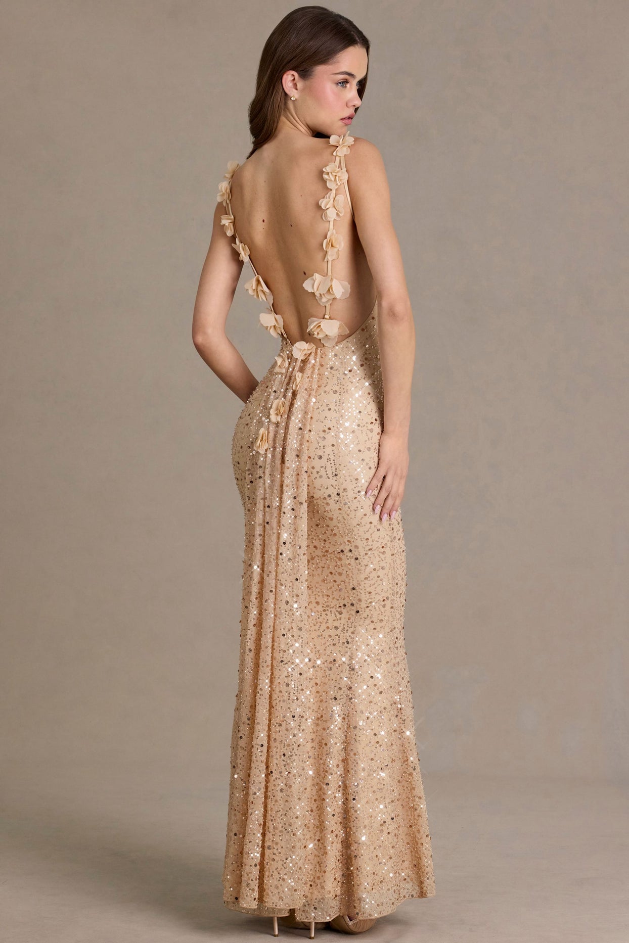 Embellished Open-Back Maxi Dress in Gold - 1