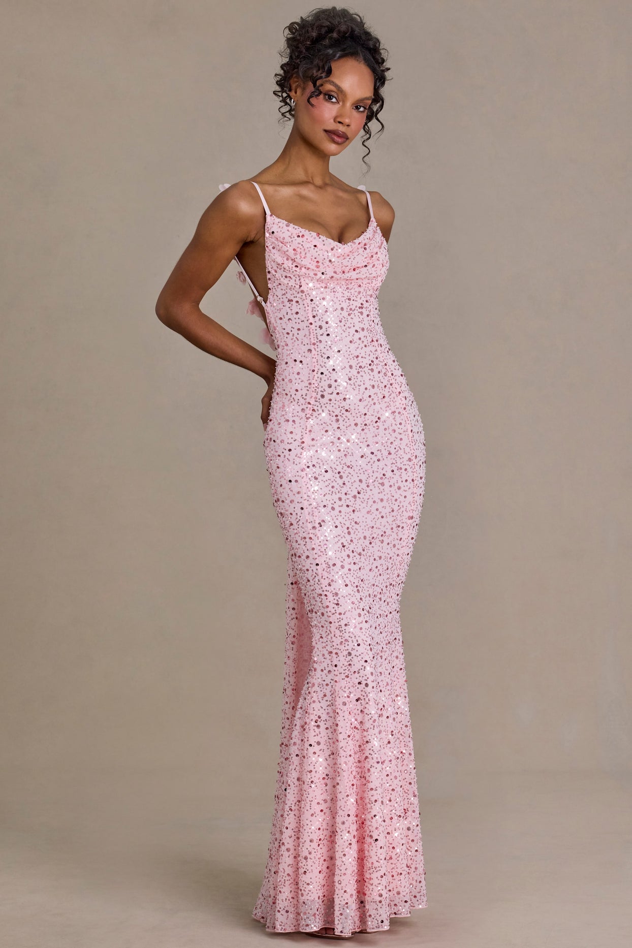 Embellished Open-Back Maxi Dress in Baby Pink - 8