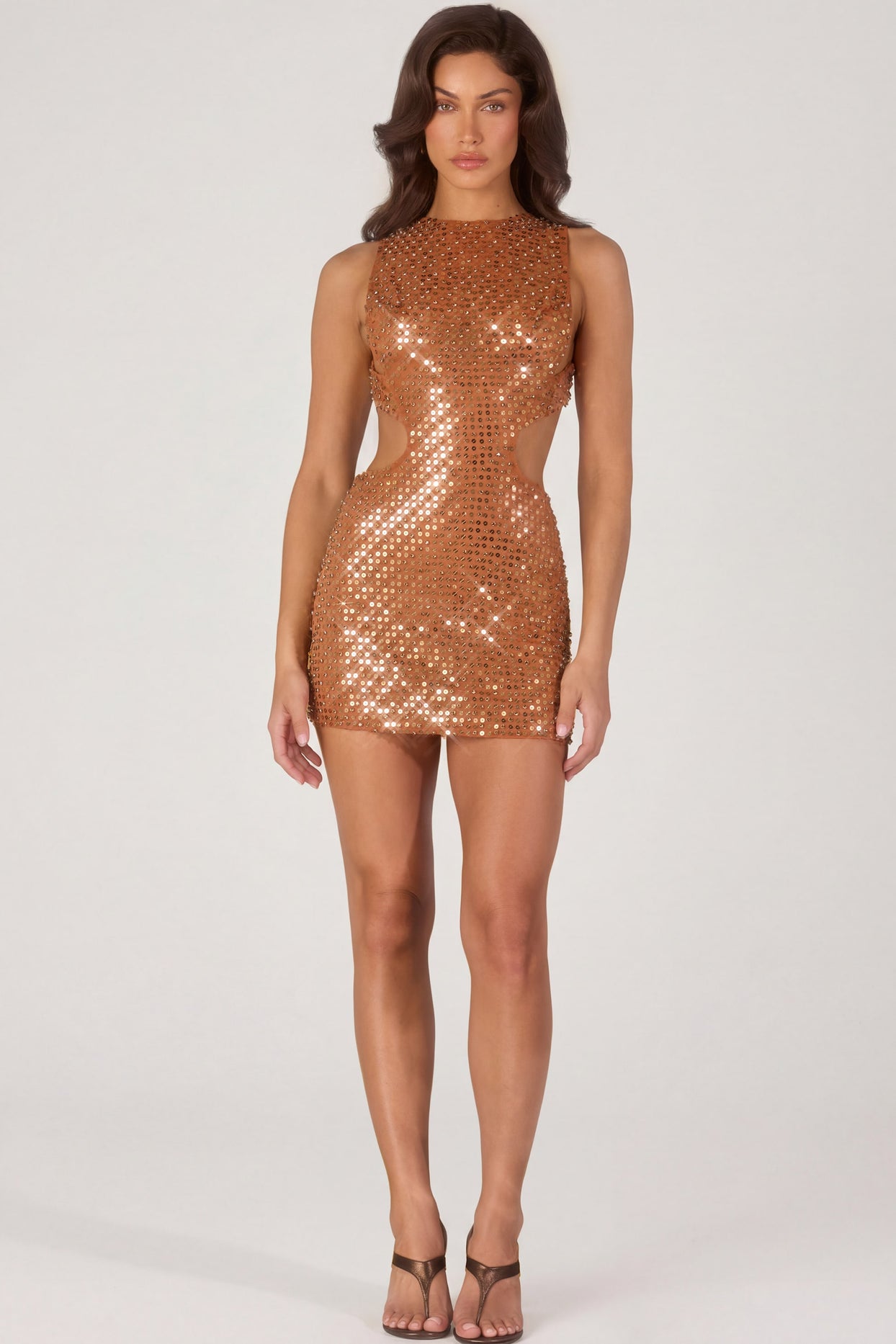 Embellished High-Neck Mini Dress in Bronze - 5