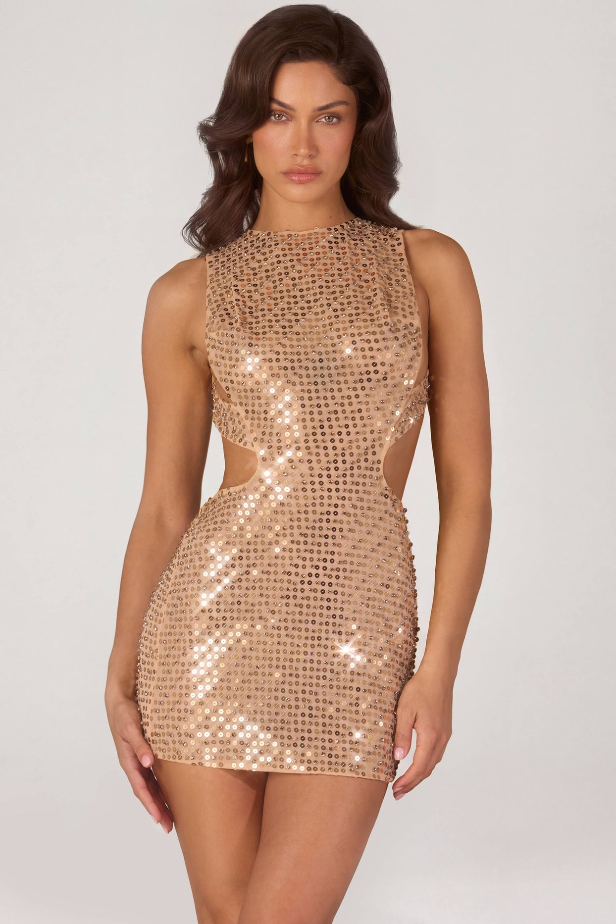 Embellished High-Neck Mini Dress in Gold - 8