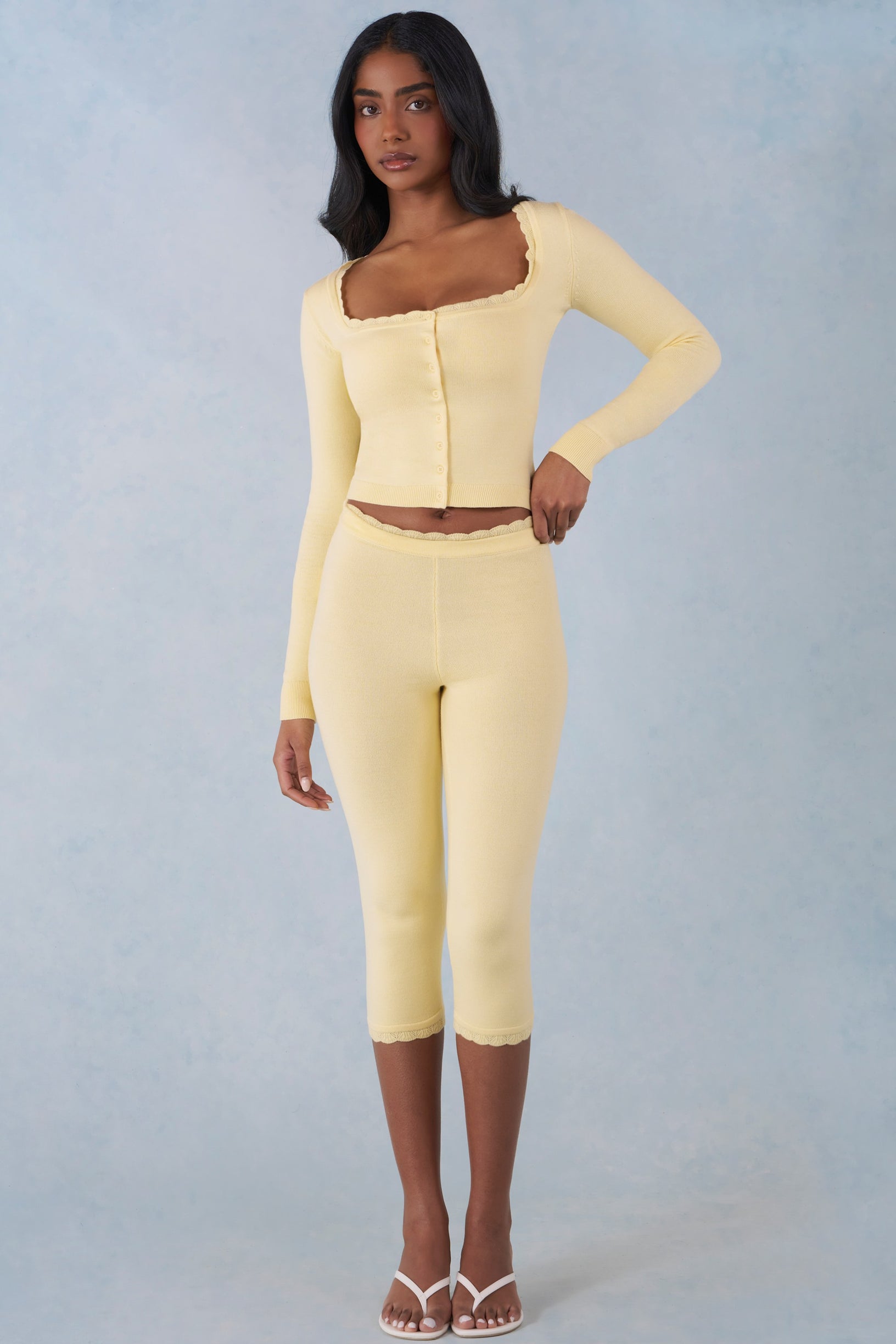Knit Mid-Rise Capri Trousers in Butter Yellow - 1