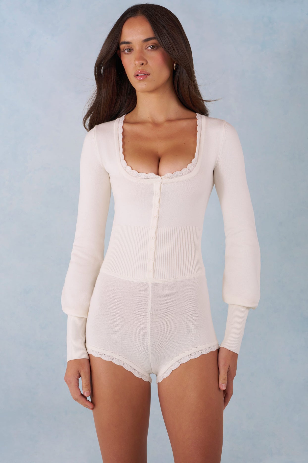 Knit Long-Sleeve Romper in Ivory - 8